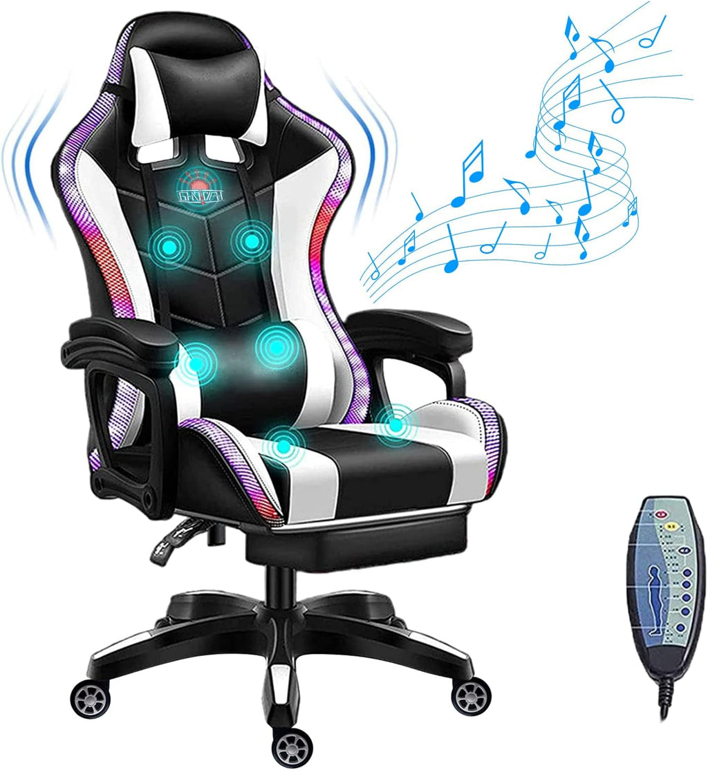 Massage Video Gaming Chair with Speakers, Ergonomic Recliner Computer Desk Chair, High Back PU Leather Office Chair Adjustable Swivel Reclining Chair with Lumbar Support and Footrest