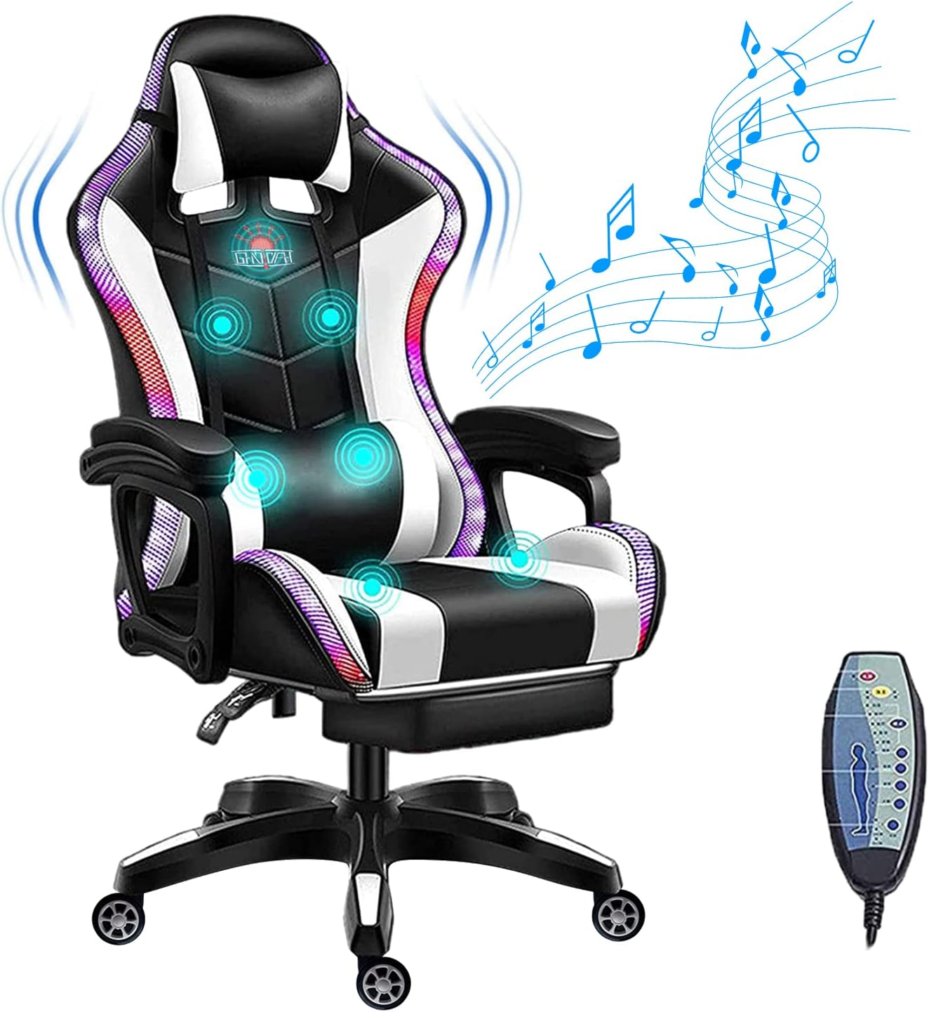 Massage Video Gaming Chair with Speakers, Ergonomic Recliner Computer Desk Chair, High Back PU Leather Office Chair Adjustable Swivel Reclining Chair with Lumbar Support and Footrest