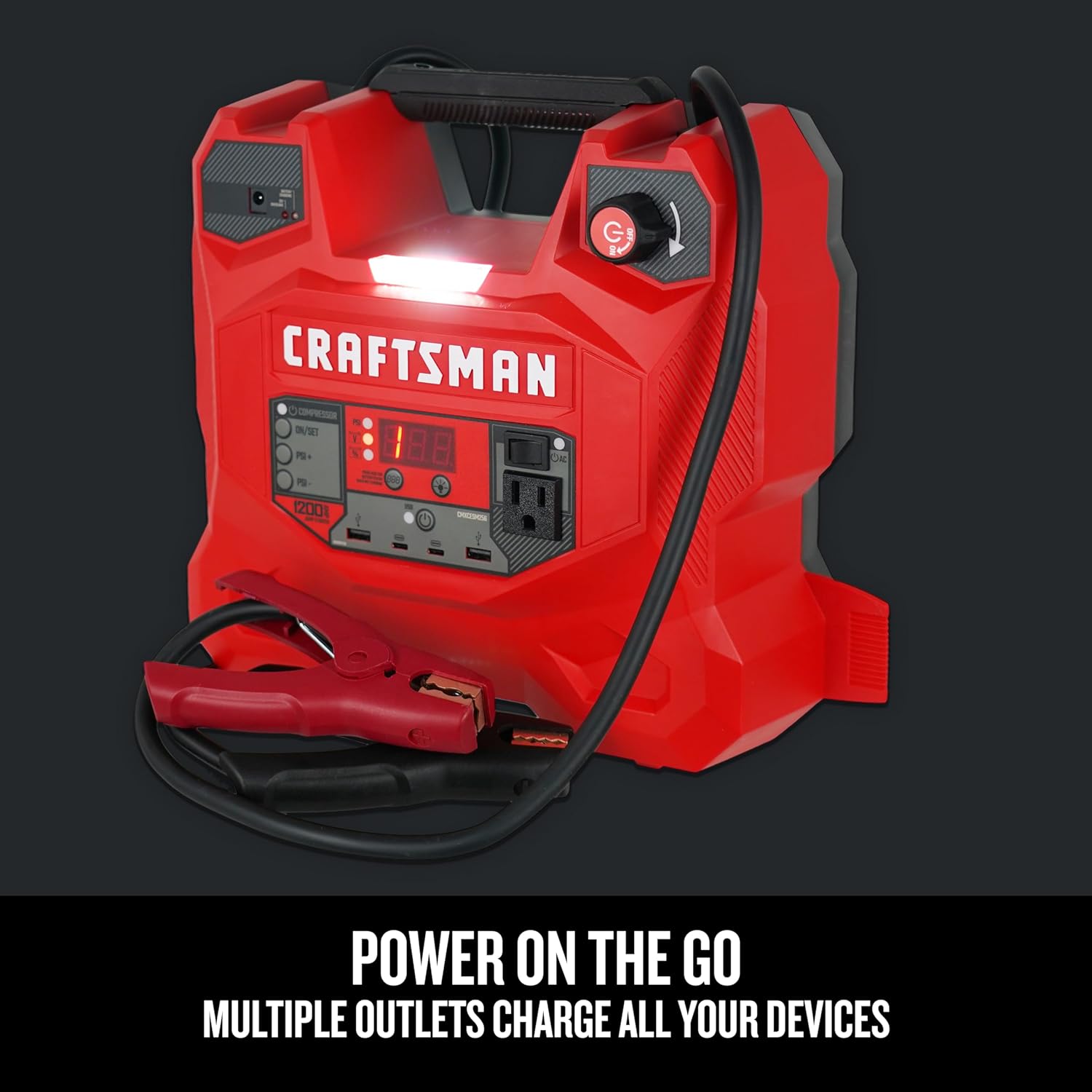 CRAFTSMAN 1200A Car Battery Jump Starter and Portable Power Station, 5-in-1 Solution, 100-PSI Air Compressor, for 12V Power Sport, Automotive, and Marine Batteries, CMXCESM256