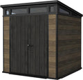 Keter Signature Collection 7x7 Ft All-Weather Storage Shed with Skylight, Window, Built-in Ventilation, & Lockable Double Doors, Walnut