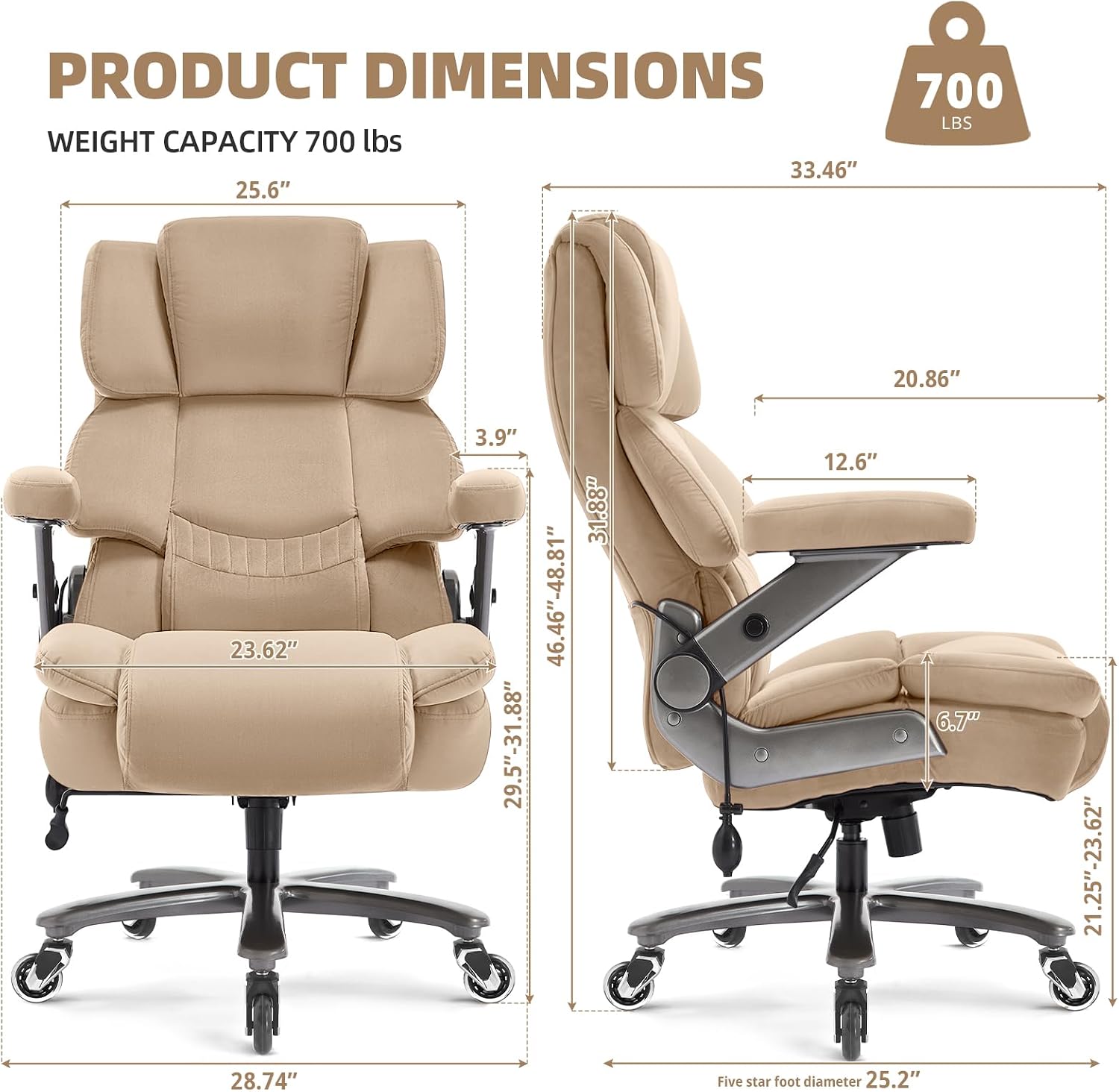 VUZI 700LBS Large Heavy Duty Office Chair with 3D Flip Arms, Big and Tall Plus Size Fabric Executive Desk Chairs, High Back Extra Wide Computer Chair with Adjustable Lumbar Support, Sturdy Metal Base