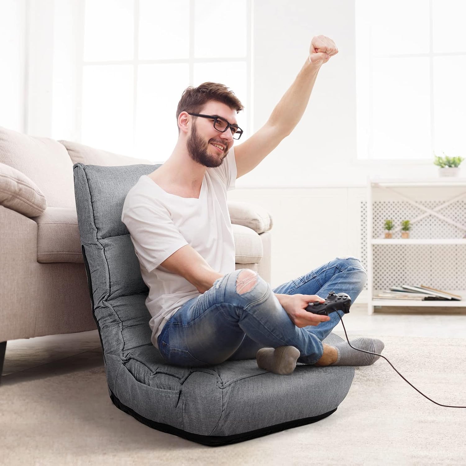 COSTWAY Folding Floor Lounge Chair, Floor Gaming Chair with 5-Position Adjustable Head & 4-Position Adjustable Backrest, Indoor Lazy Sofa Recliner for Bedroom, Living Room (Grey)