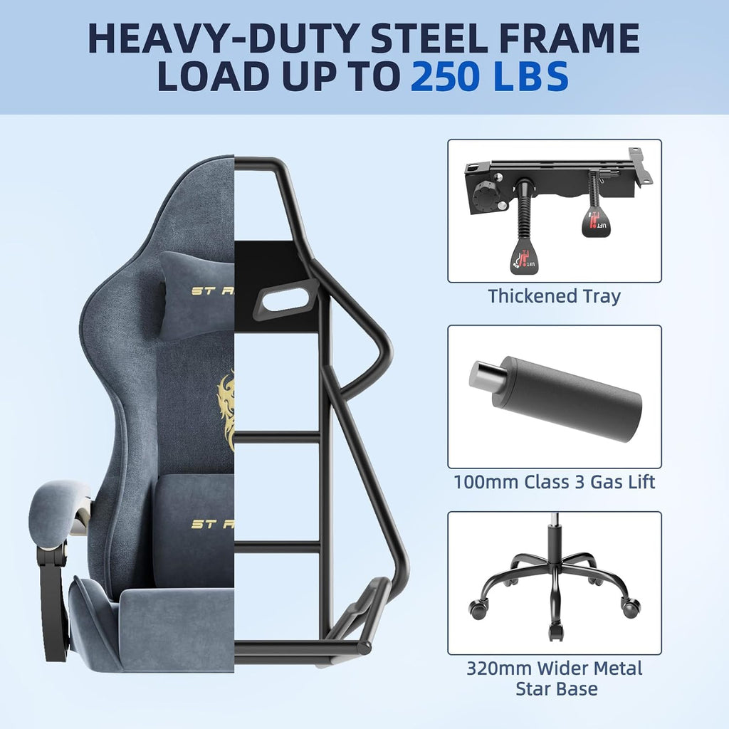 Huracan Velvet Fabric Gaming Chair with Footrest for Adults, Ergonomic Gaming Chairs with Massage Lumbar, Reclining Racing Computer Chair with Spring Cushion for Home Office Video Game, Grey