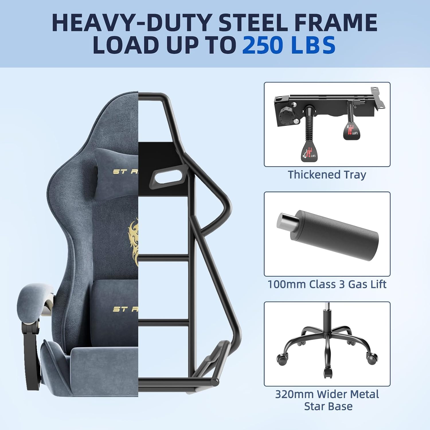 Huracan Velvet Fabric Gaming Chair with Footrest for Adults, Ergonomic Gaming Chairs with Massage Lumbar, Reclining Racing Computer Chair with Spring Cushion for Home Office Video Game, Grey
