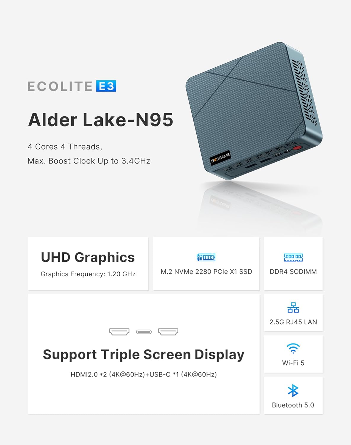 BOSGAME Mini PC N95, Intel 12th Mini Computers| 16GB DDR4 RAM| 512GB M.2 2280 SSD| 4K 60HZ Triple Displays by Dual HDMI+Type-C, 6W TDP Quiet Mini PC, WIFI5, BT 5.0 Office