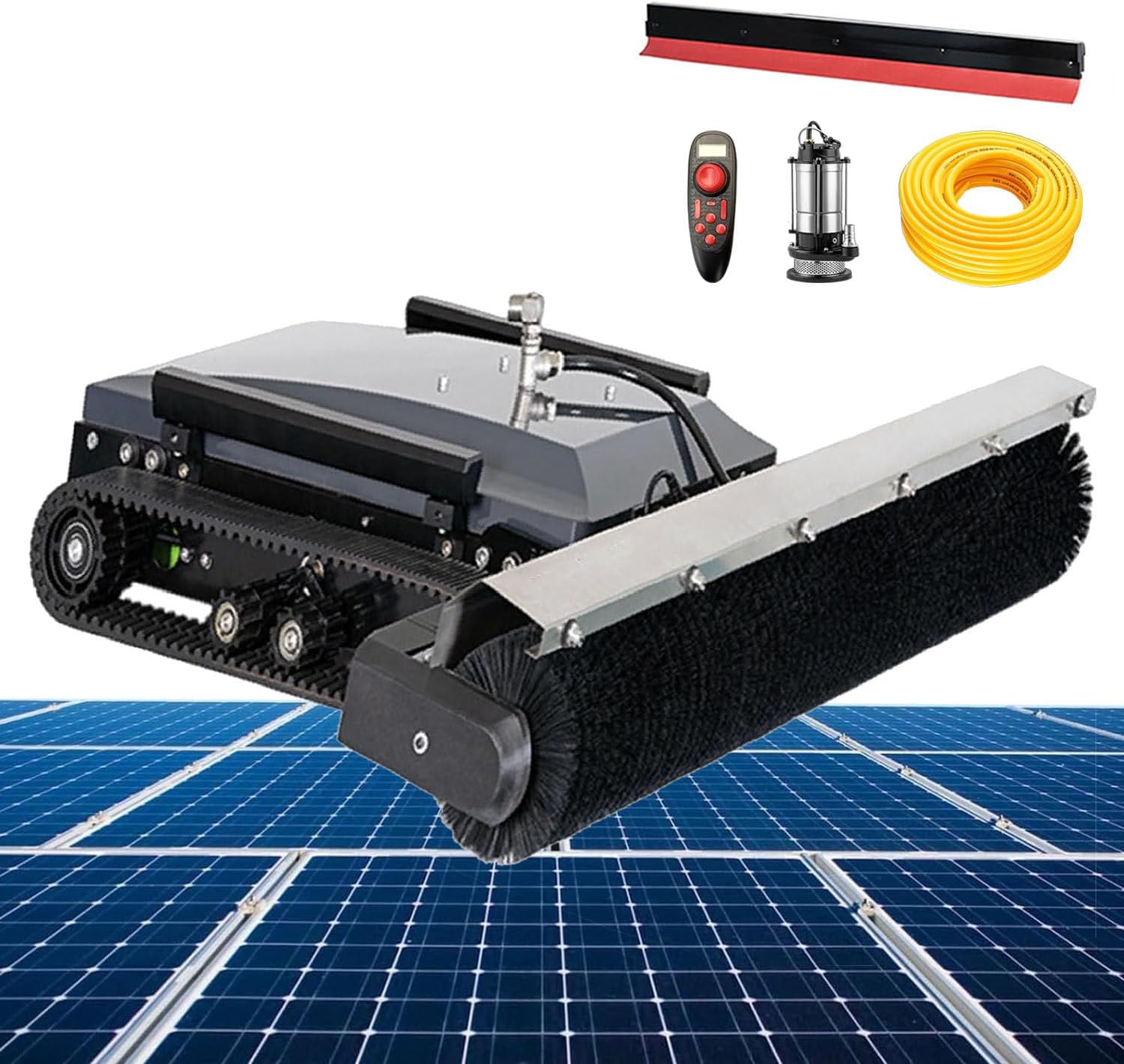 Solar Panel Cleaning Robot - Auto Dry/Wet | 130cm Tracked Brush with 360° Spinning | 20m/Min Speed | 15° Slope Capacity | Includes 45A Battery, 100m Hose & Scraper Kit