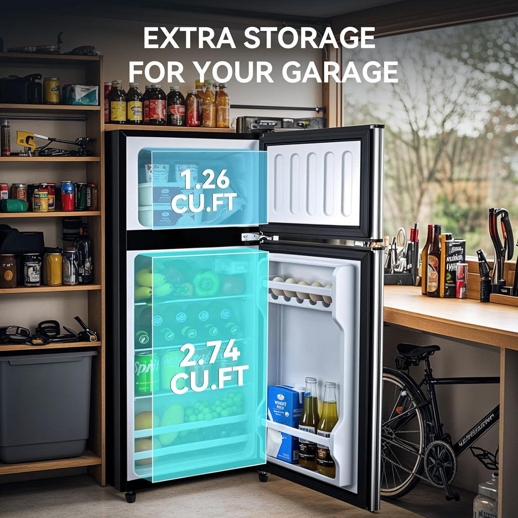 Anypro 4.0 Cu.Ft Fridge with Freezer, Double Door Refrigerator with 6 Level Thermostat, LED Light, Adjustable Glass Shelves for Bedroom, Office, Dorm, Apartment, Silver