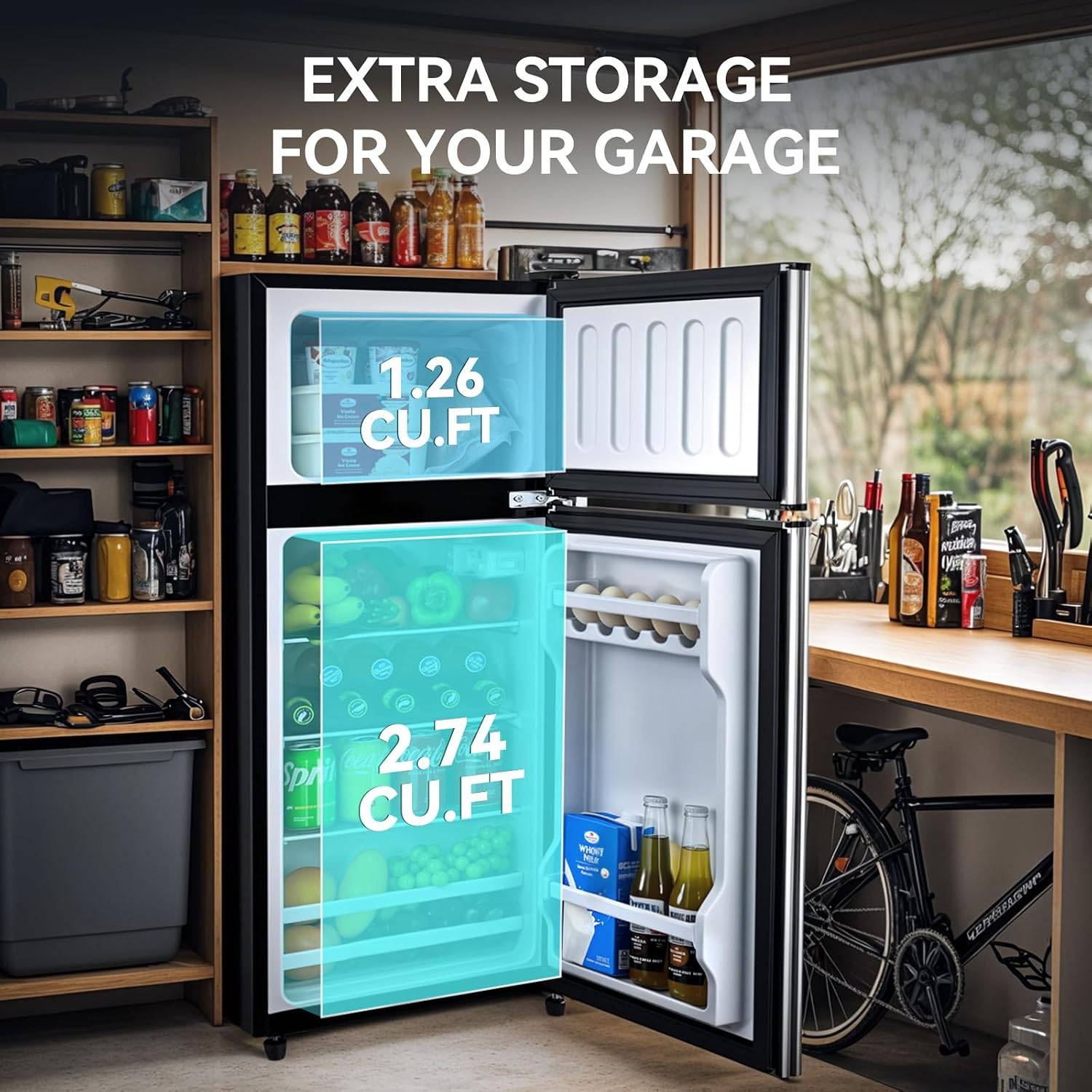 Anypro 4.0 Cu.Ft Fridge with Freezer, Double Door Refrigerator with 6 Level Thermostat, LED Light, Adjustable Glass Shelves for Bedroom, Office, Dorm, Apartment, Silver