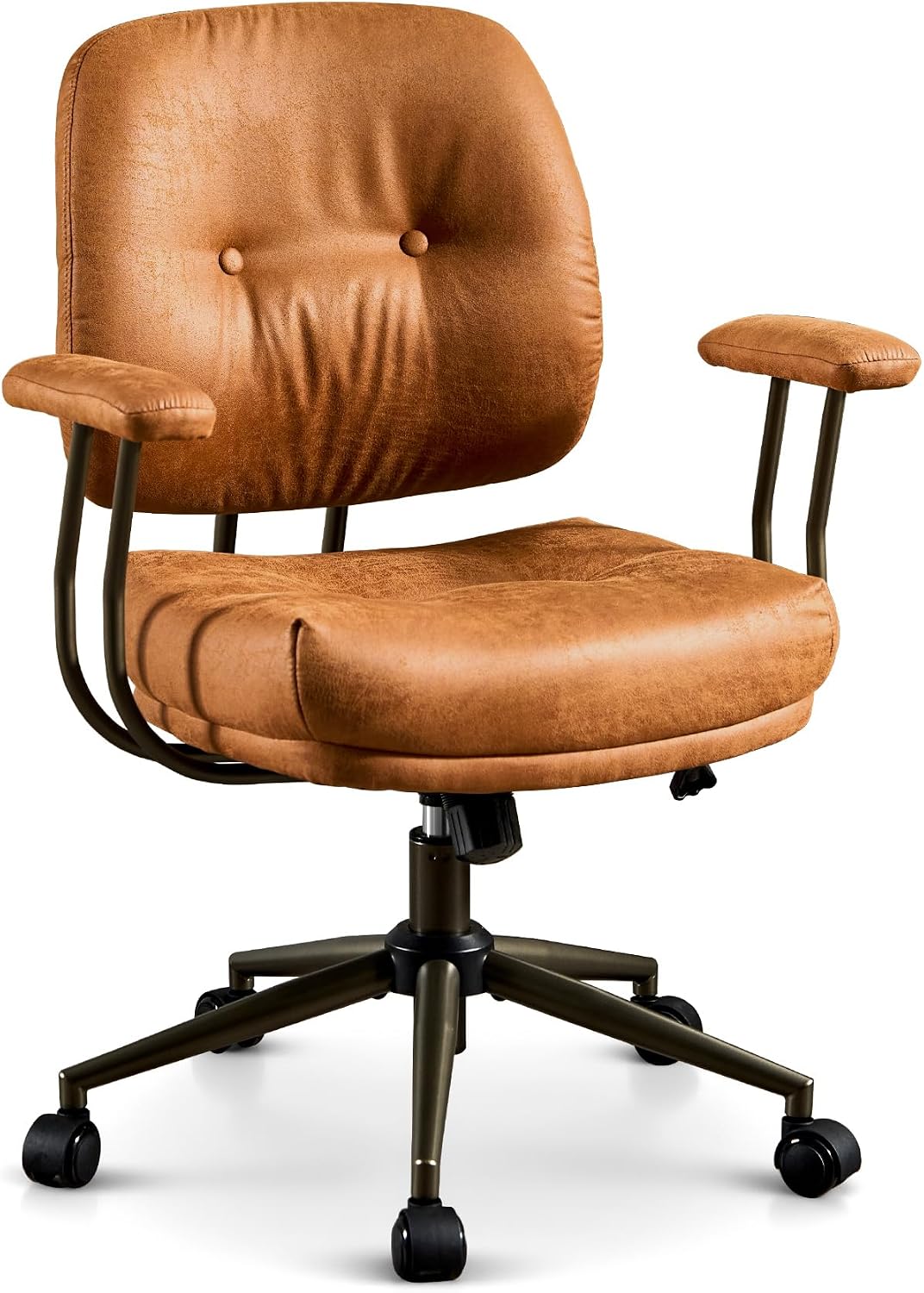 ovios Ergonomic Office Chair, Mid Back Faux Leather Executive Chairs with Thick Cushion, Comfy Mid-Century Modern Swivel Rolling Computer Armchair (Brown, Suede Leather)