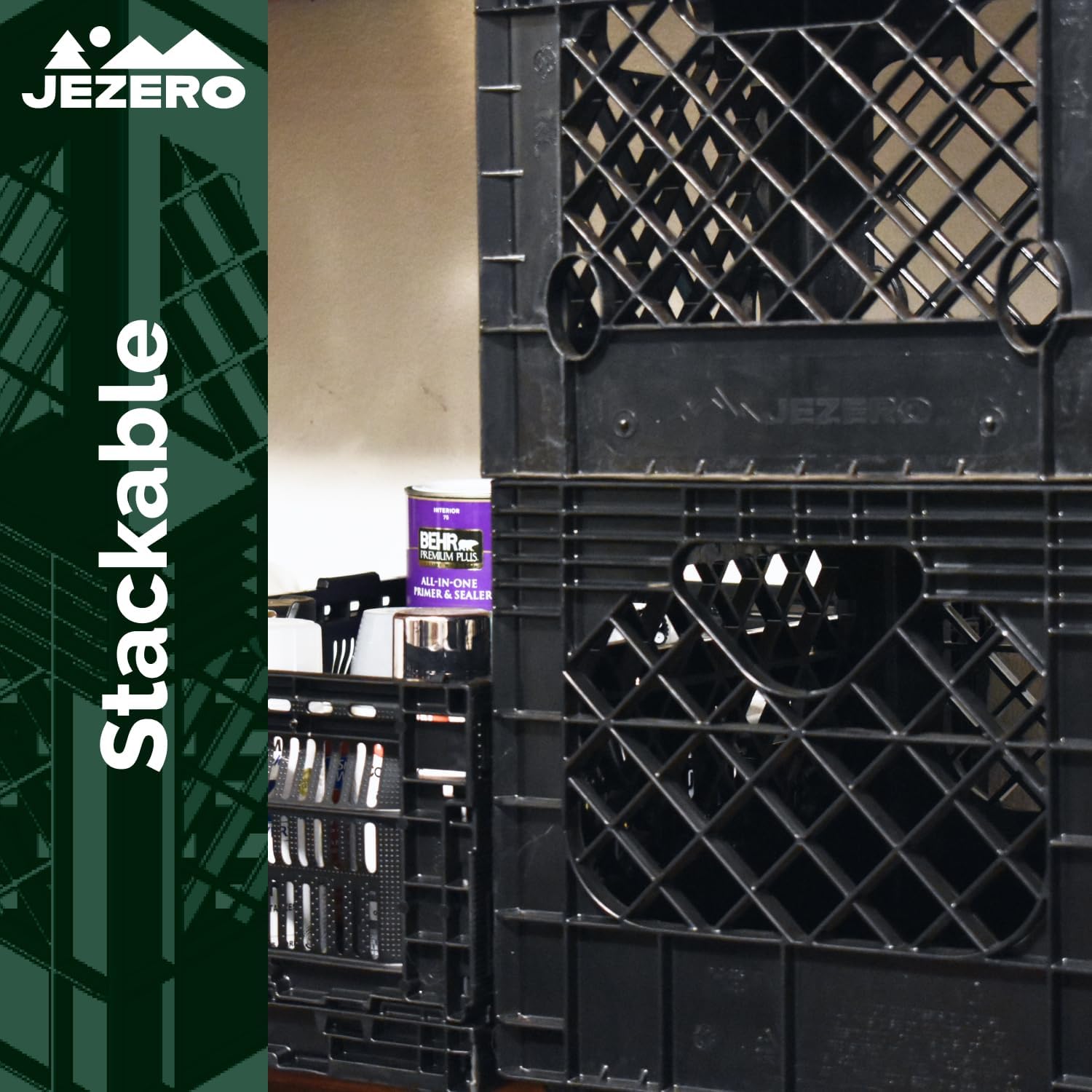 JEZERO 20 Quart 4-Pack Heavy Duty Plastic Crate | Stackable Multi-Purpose Storage Bin for Garage, Home, Office, Groceries, Outdoor, Camping & Kayaking | Black Utility Tote, 17' x 13' x 11'