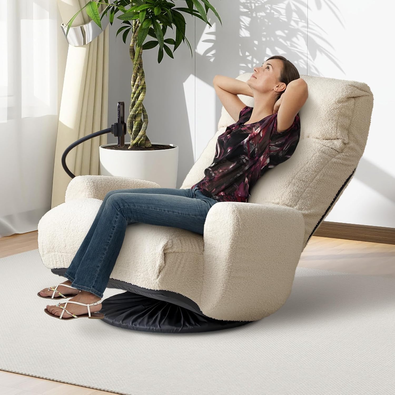 Teddy 360° Swivel Floor Gaming Sofa Chair - Beige | Adjustable Head & Waist Support, Padded Cushion, Folding Gaming Lounge Chair with Armrests & Phone Holder | Home Office