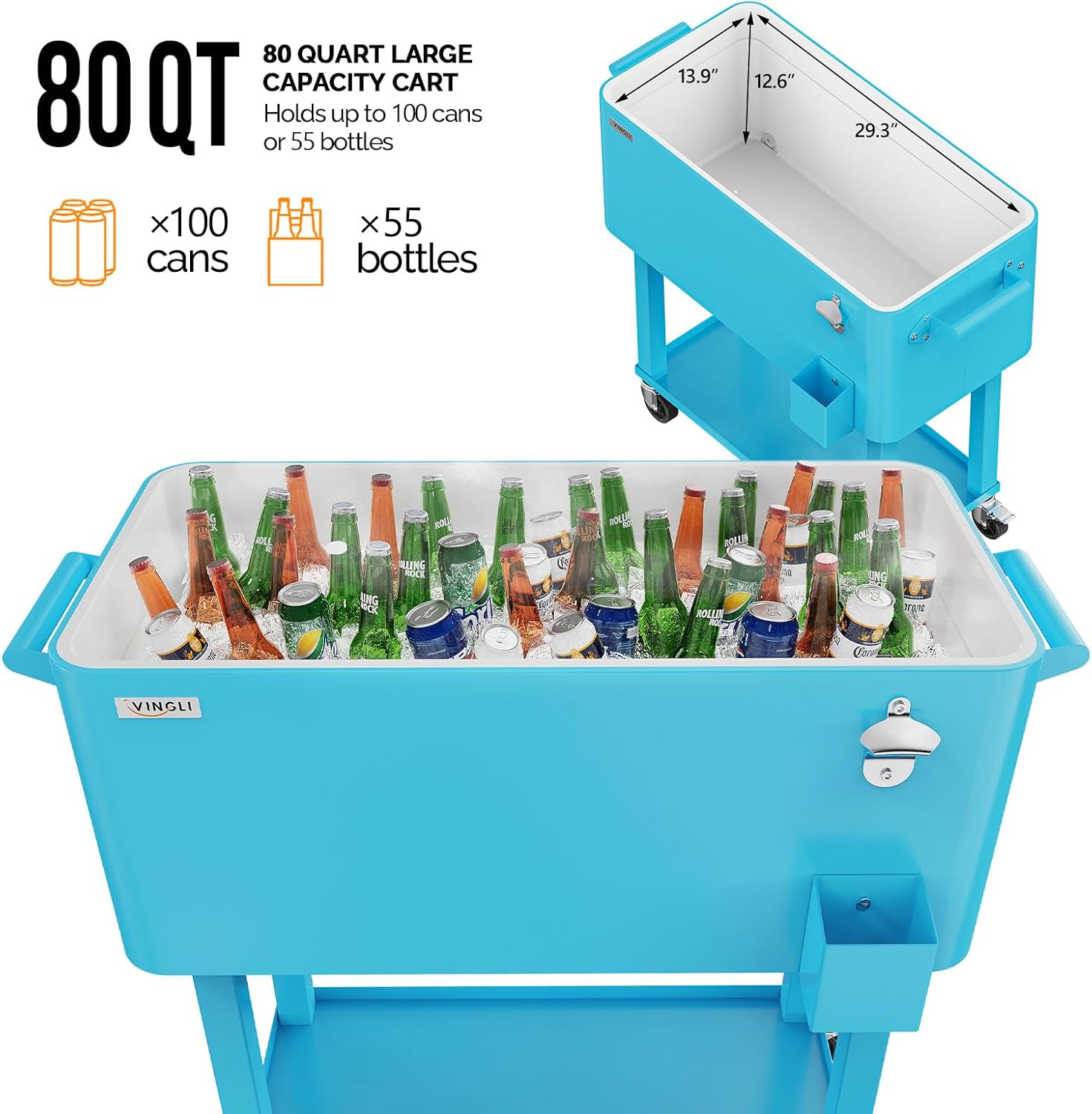 VINGLI Rolling Ice Chest, Portable Patio Party Bar Drink Cooler Cart, with Shelf, Beverage Pool with Bottle Opener