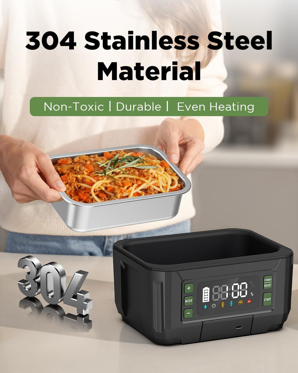 Cordless Electric Lunch Box for Adults – 1.2L Stainless Steel Self-Heating Lunch Box with Dual 20000mAh Removable Rechargeable Batteries, Portable Heated Food Warmer for Work, Travel & Office