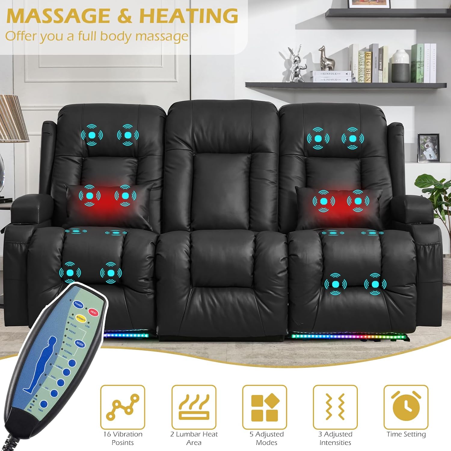 Loveseat Recliner Sofa, Leather Sofa with Massage & Heating, Home Theater Seating Power Reclining Loveseat with Outlet/LED Light/Cup Holders/Lumbar Pillows (Black, 3 Seat)