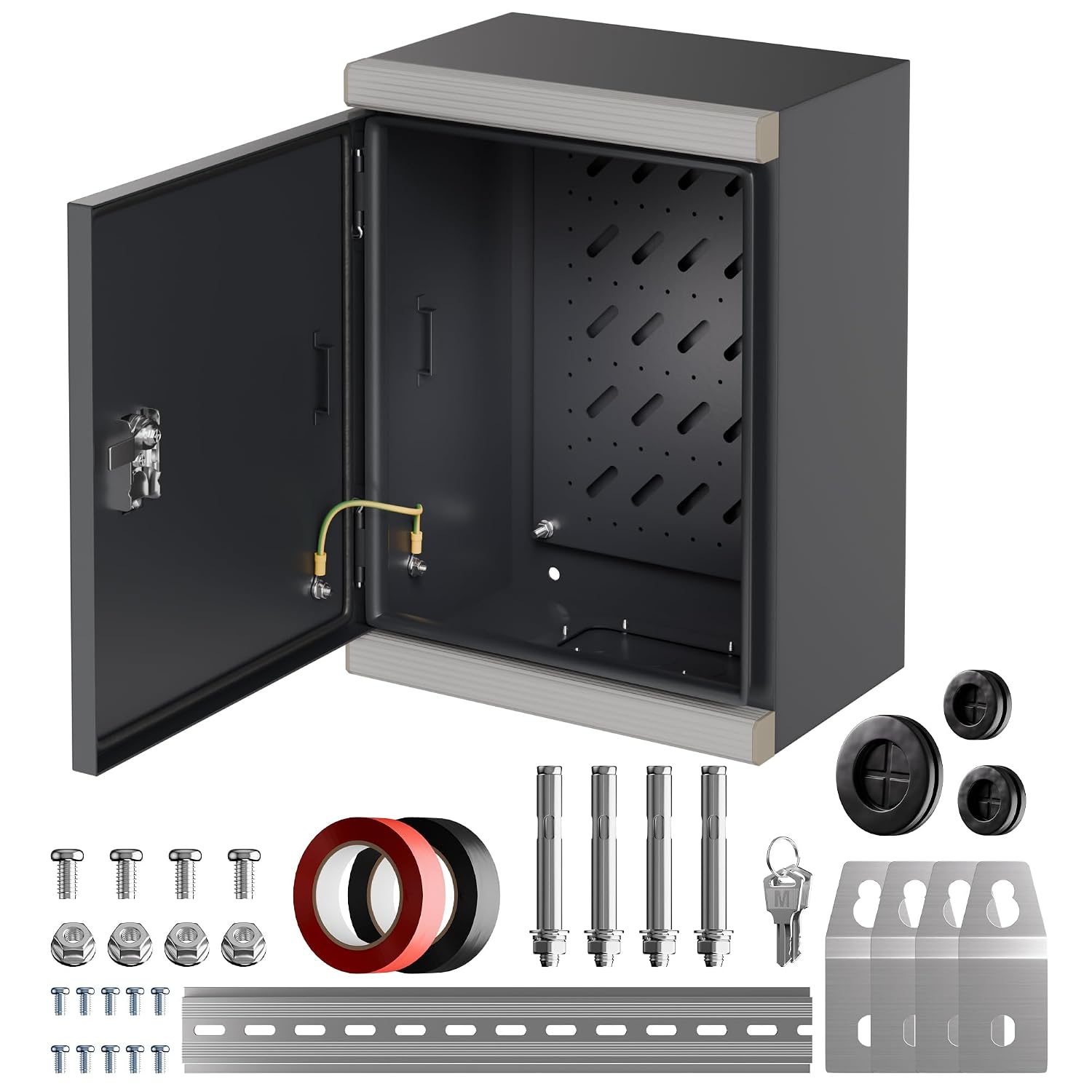 Joinfworld Outdoor Electrical Metal Box 15.7' x 11.8' x 7.8' Weatherproof Outdoor Junction NEMA Enclosure Box with Lock Din Rail Cable Gland