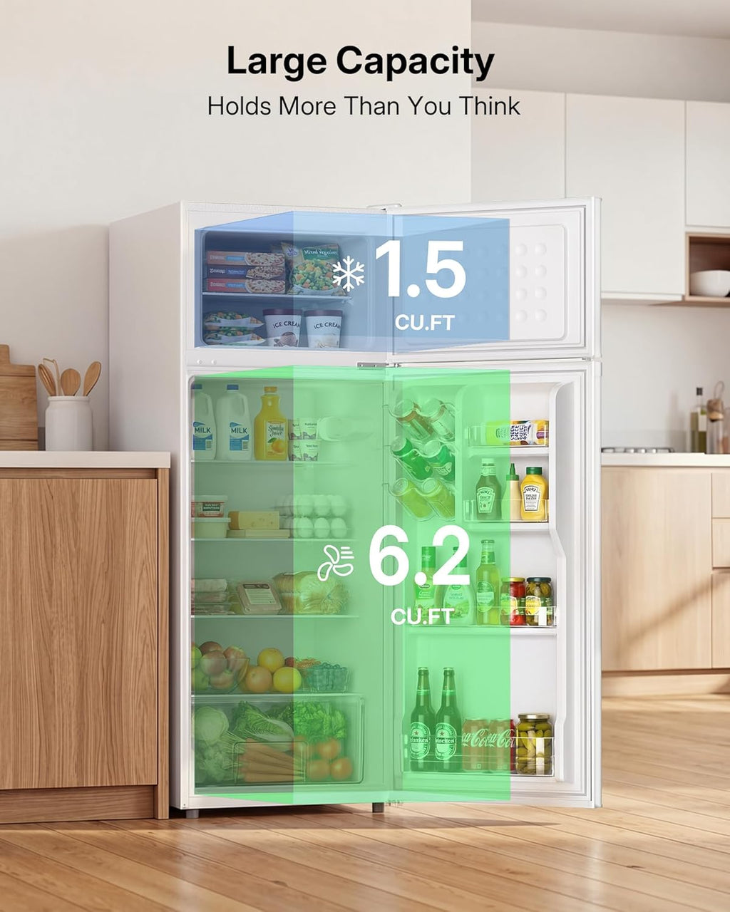 Upstreman 7.7 Cu Ft White Large Capacity Refrigerator with Freezer, Energy Efficient Compact Refrigerator, Adjustable Thermostat & Reversible Door for Apartment, Dorm, Office, Kitchen，White (BD-75)