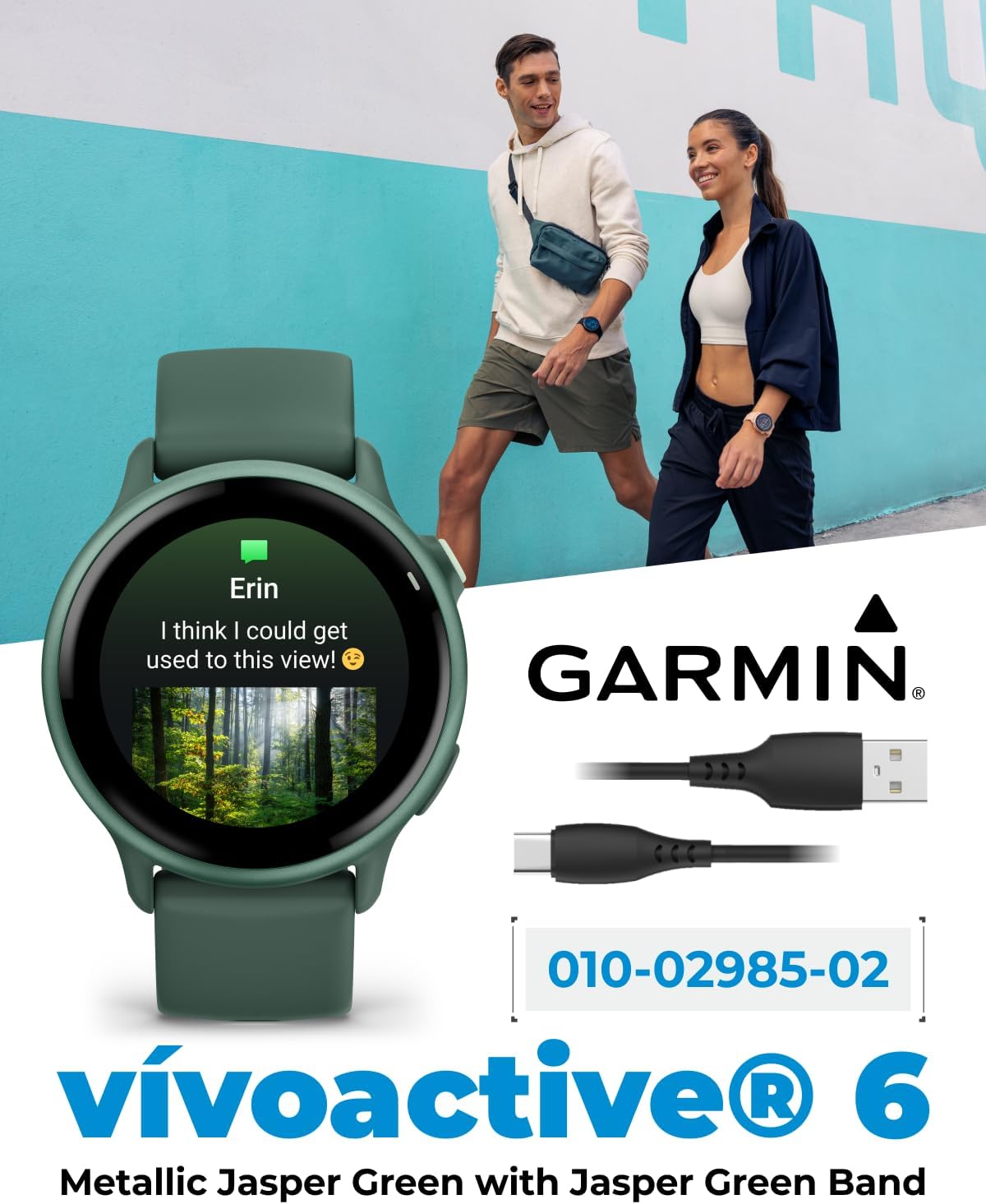 Garmin Vivoactive 6 - Health & Fitness Smartwatch, 1.2 in AMOLED, GPS Sports Tracking, Up to 11 Days of Battery, Metallic Jasper Green & Jasper Green Band w Black Earbuds Bundle