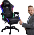 Video Gaming Chair with Footrest,Game Chair with Bluetooth Speakers,Computer Chair with LED Lights,Ergonomic Massage Gaming Chair with Massage Function,360°Swivel 90°-135° Adjustment Backrest (Black)