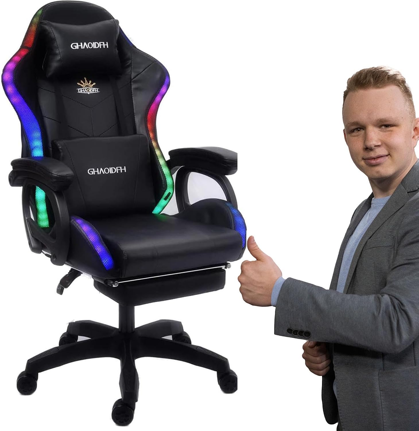 Video Gaming Chair with Footrest,Game Chair with Bluetooth Speakers,Computer Chair with LED Lights,Ergonomic Massage Gaming Chair with Massage Function,360°Swivel 90°-135° Adjustment Backrest (Black)