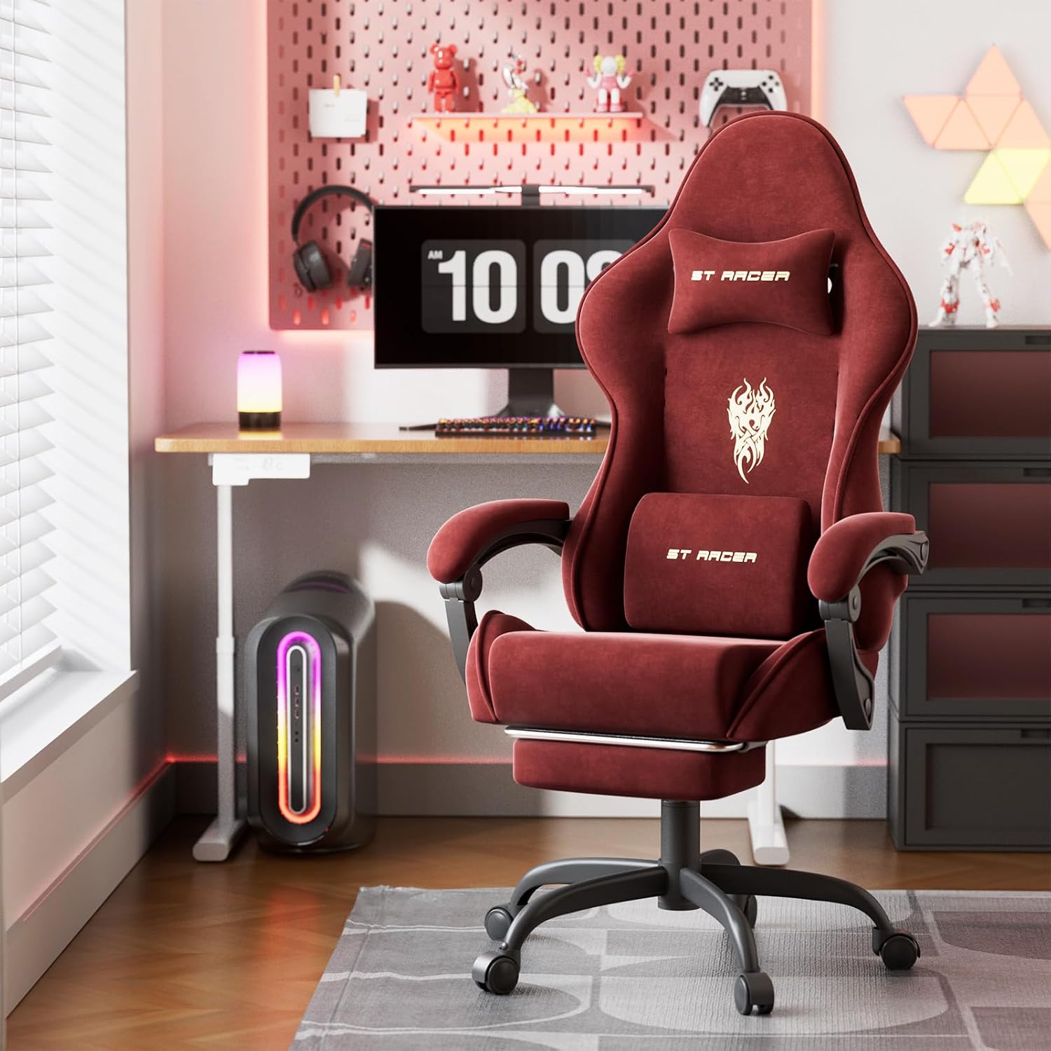 Huracan Velvet Fabric Gaming Chair with Footrest for Adults, Ergonomic Gaming Chairs with Massage Lumbar, Reclining Racing Computer Chair with Spring Cushion for Home Office Video Game, Red