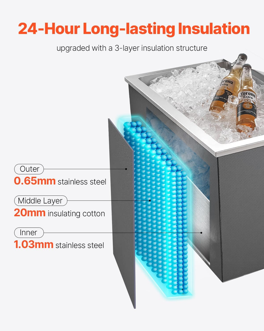 VEVOR Drop in Ice Chest, Stainless Steel Drop in Cooler, Commercial Ice Bin with Lid for Outdoor Kitchen Patio Bar, Drain-Pipe Set Included, Cooling Bins with Cover for Cold Wine Beer