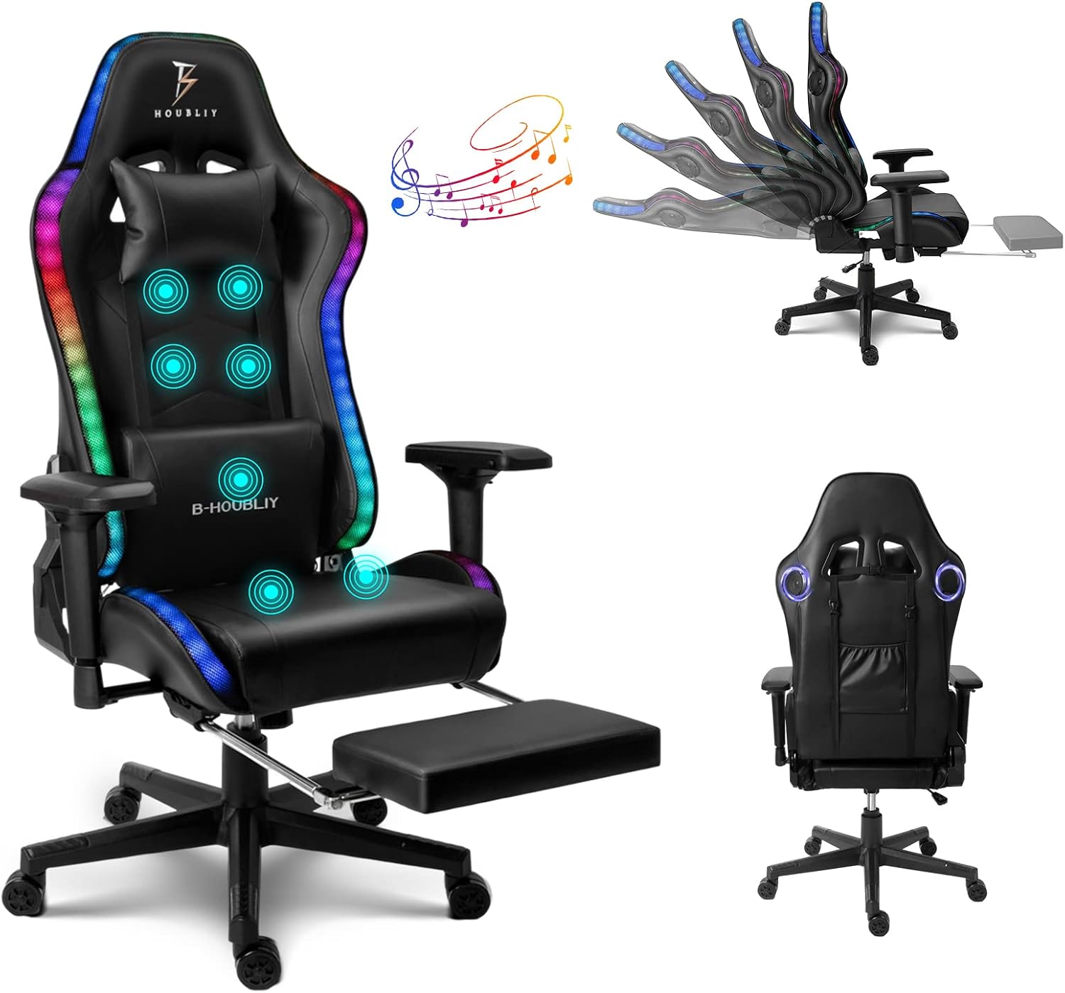 RGB Gaming Chair with Speakers Racing Ergonomic Gaming Chair for Adults 7-Point Massage High Back Computer Chair Office Desk Chair Gamer Chair with Footrest Lumbar Support 4D Armrest,Black