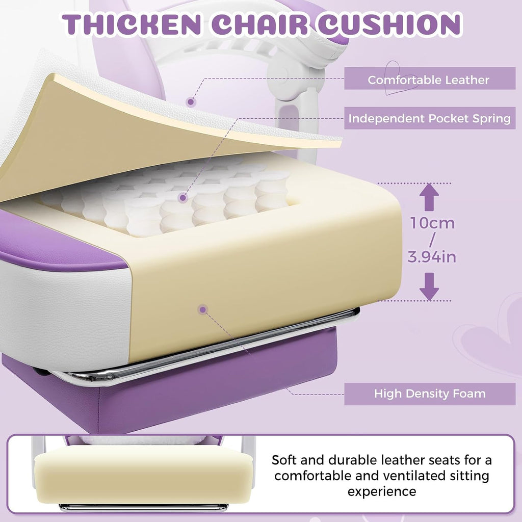 HOFFREE Gaming Chair with Cat Ears and Cloud Massage Lumbar Ergonomic Cute Computer Chair for Girls with Footrest Comfortable Reclining Game Chairs for Adults Purple and White