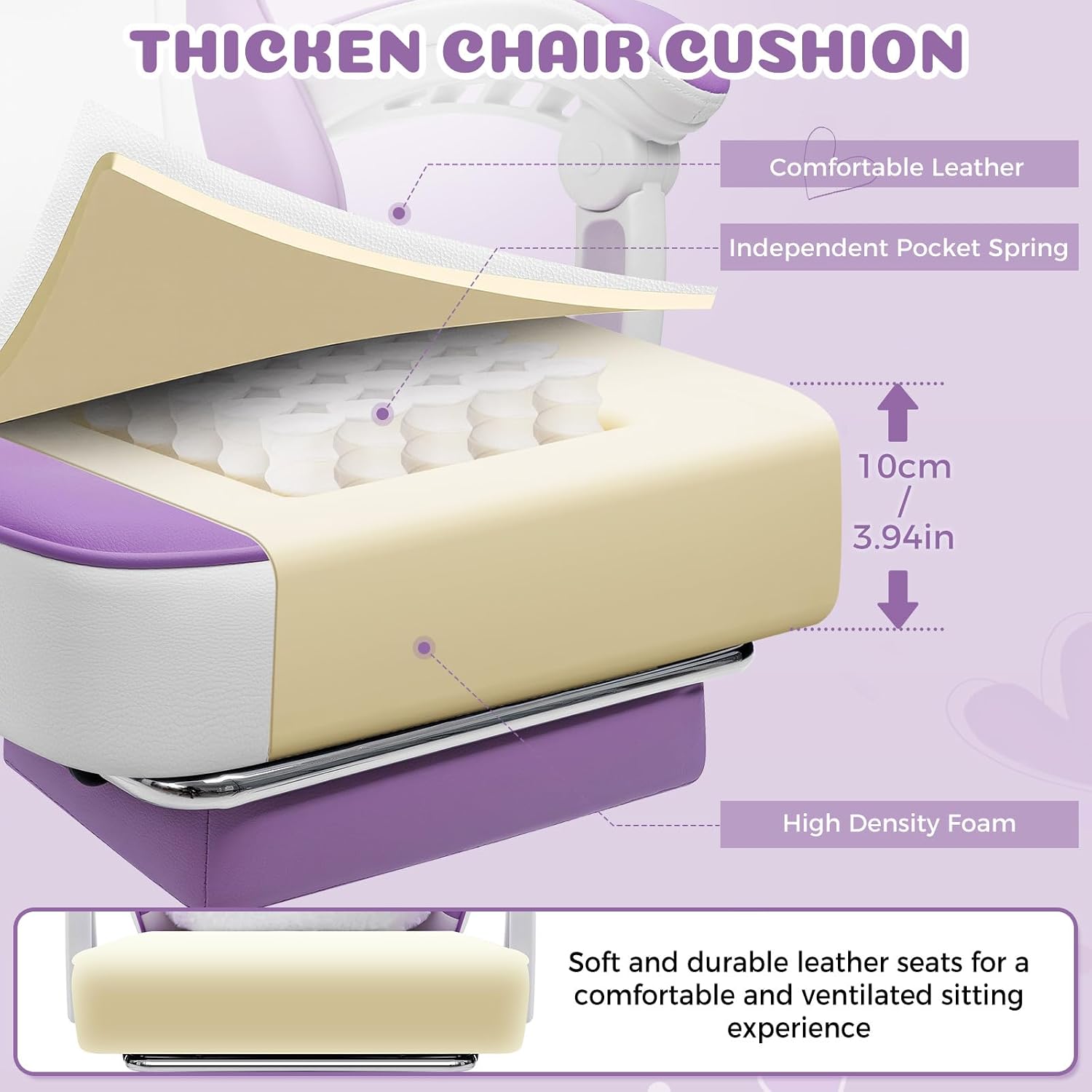HOFFREE Gaming Chair with Cat Ears and Cloud Massage Lumbar Ergonomic Cute Computer Chair for Girls with Footrest Comfortable Reclining Game Chairs for Adults Purple and White