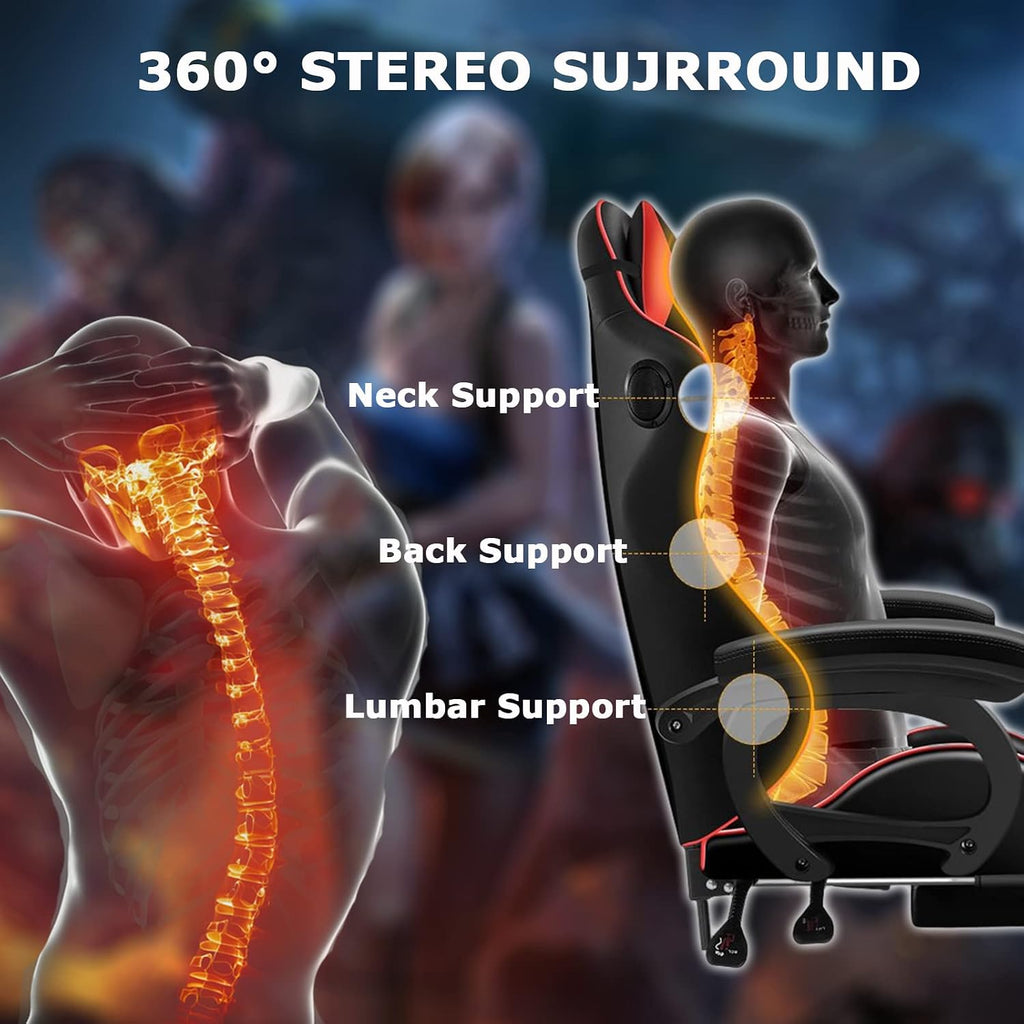 RGB Gaming Chair with Speakers Ergonomic Massage Computer Chair with Footrest Lumbar Support Headrest PU Leather 360°Swivel Recliner Chair High Back Video Game Chair for Adult Teens,Black