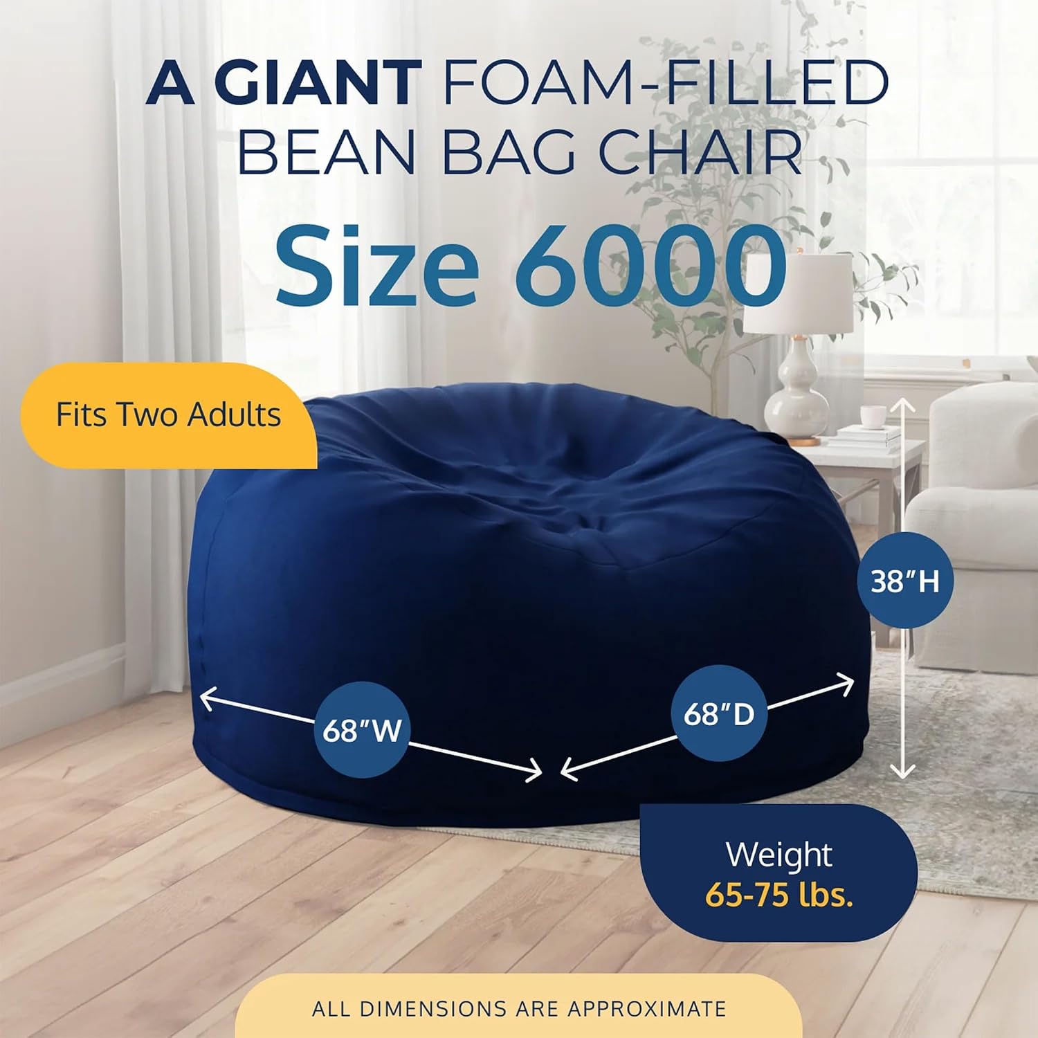 ULTIMATE SACK 6000 6-Foot Bean Bag Chair, Navy Suede Cover – Oversized Foam Lounger, Floor Seat, Small Sofa, or Couch Bed for Living Area, Gaming Room, or Reading Lounge