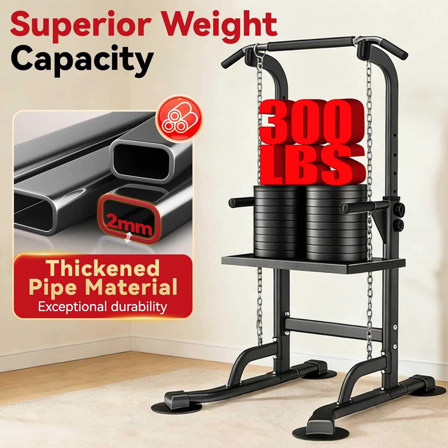 WATBKHE Power Tower Pull Up Dip Station Foldable, Pull Up Bar Station Adjustable, Multi-Function Home Gym, Strength Training Fitness Equipment, Triangular Design, for Home Outdoor