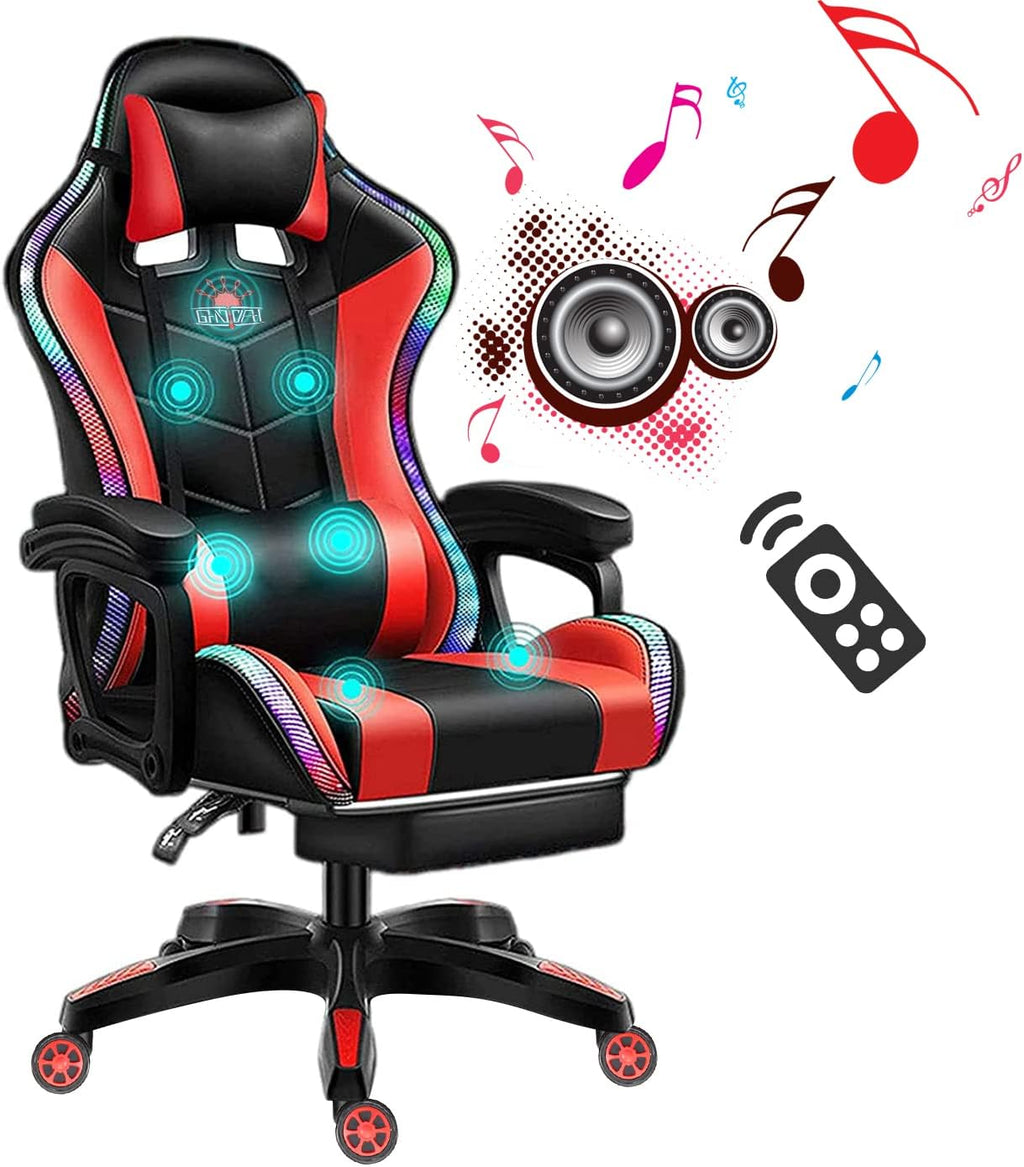 Computer Gaming Chair with Bluetooth Speakers RGB LED Lights, Ergonomic Gamers Desk Chair, Music Video Office Chair for Aldults,gaming chair with footrest,Massage Gaming Chair,High Back Gam