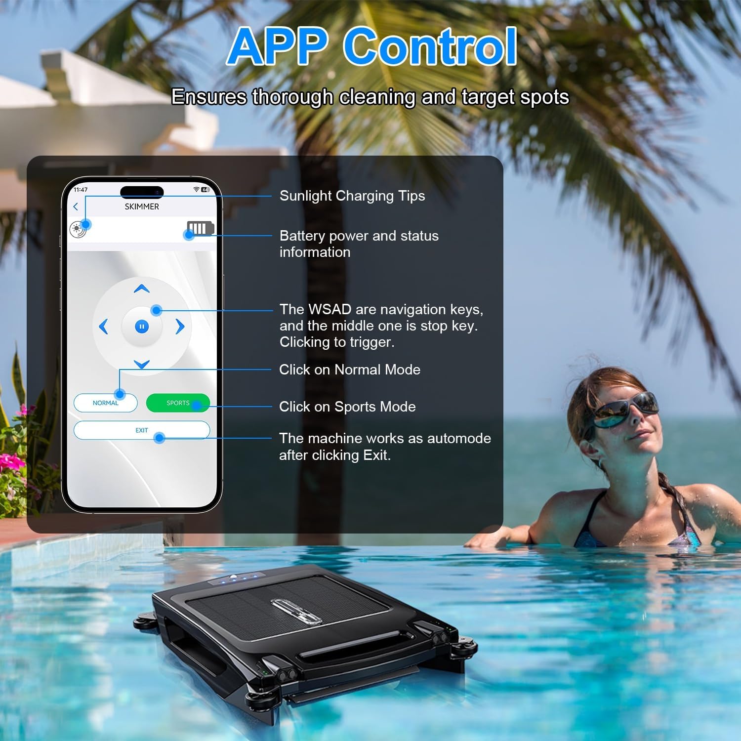 TeqHome Solar Pool Skimmer,Cordless Automatic Robotic Pool Surface Skimmer Cleaner with APP Support,24/7 Cleaning,Smart Obstacle Avoidance,Dual Charging Modes for Most Swimming Pools up to 2512 Sq.ft.