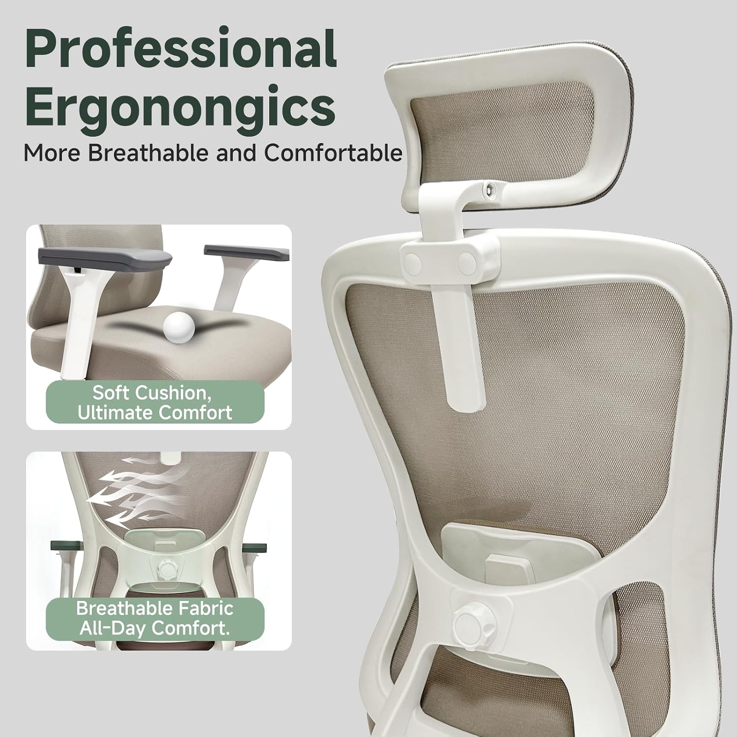 Ergonomic Office Chair - 350LB Mesh Office Chair with Adjustable Lumbar, High Back Computer Chair with 3D Armrests, Comfy Chair with 2D Headrest & Tilt Function for Study, Work, Gaming