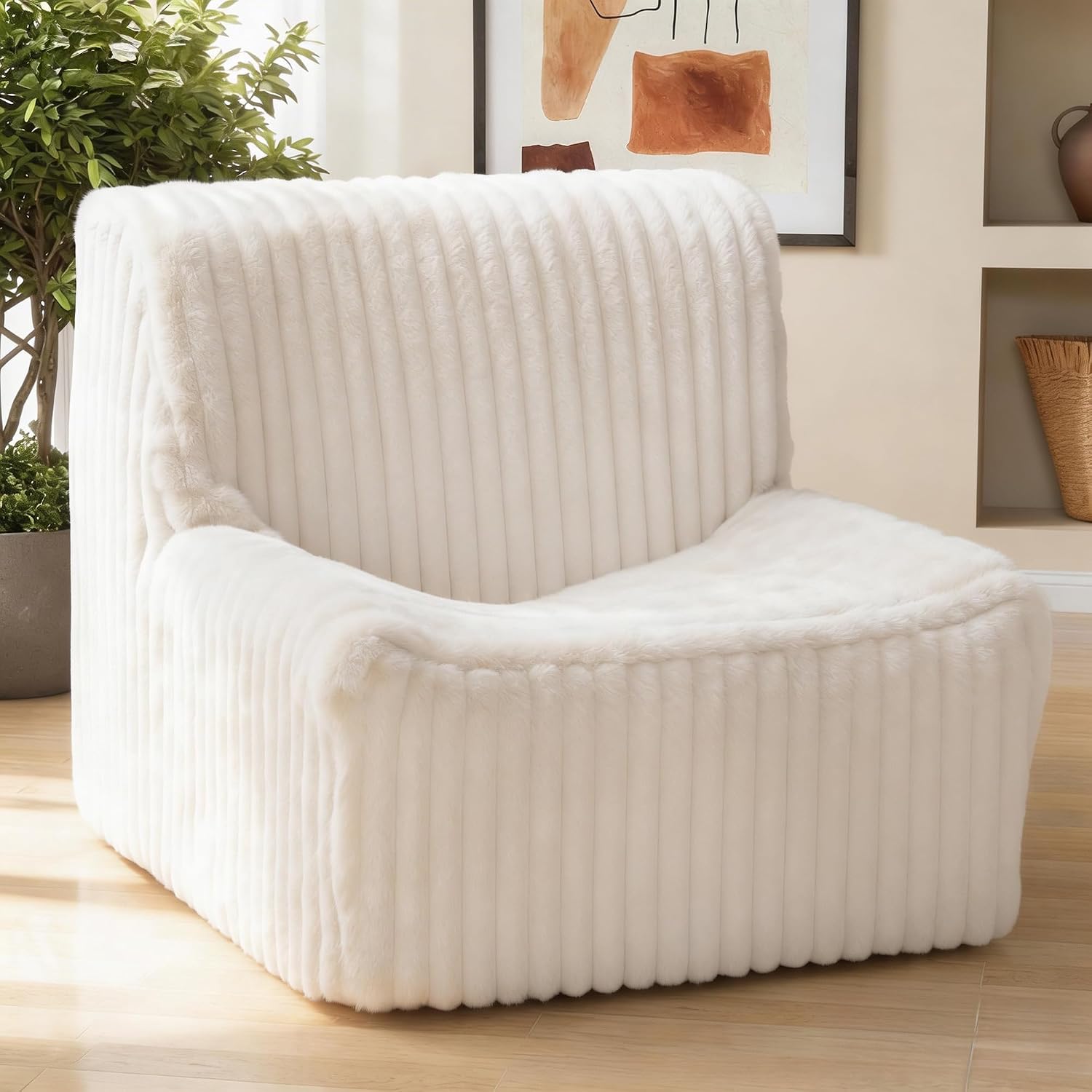 Trenda 32'' Comfy Bedroom Chair for Adult, Boneless Space-Saving Accent Chairs with Spacious Seating, Soft Faux Fur Cover, Ideal Floor Couch for Living Room,College, Dorm to Reading (White)