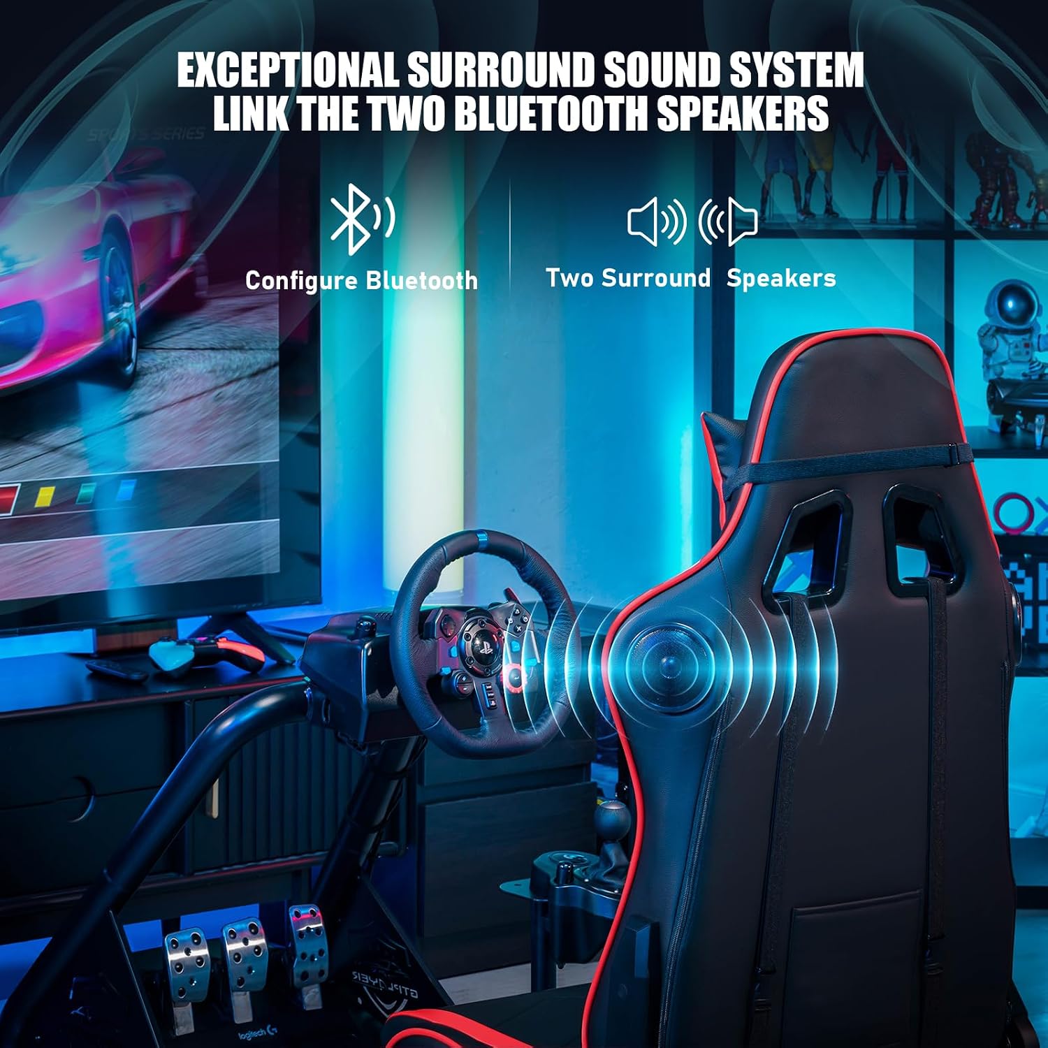 GTPLAYER Racing Simulator Cockpit with Seat and Bluetooth Speakers, Racing Style Reclining Seat and Ultra-Sturdy Alloy Steel Frame (Red)