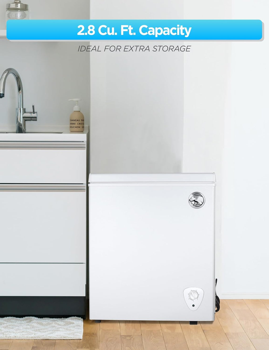 Commercial Cool 2.8 Cu. Ft. Compact Chest Freezer, Textured Finish, Deep Freezer for Frozen Food Storage, Removable Storage Basket, Mechanical Temperature Control, R600a Refrigerant, CCFW28, White