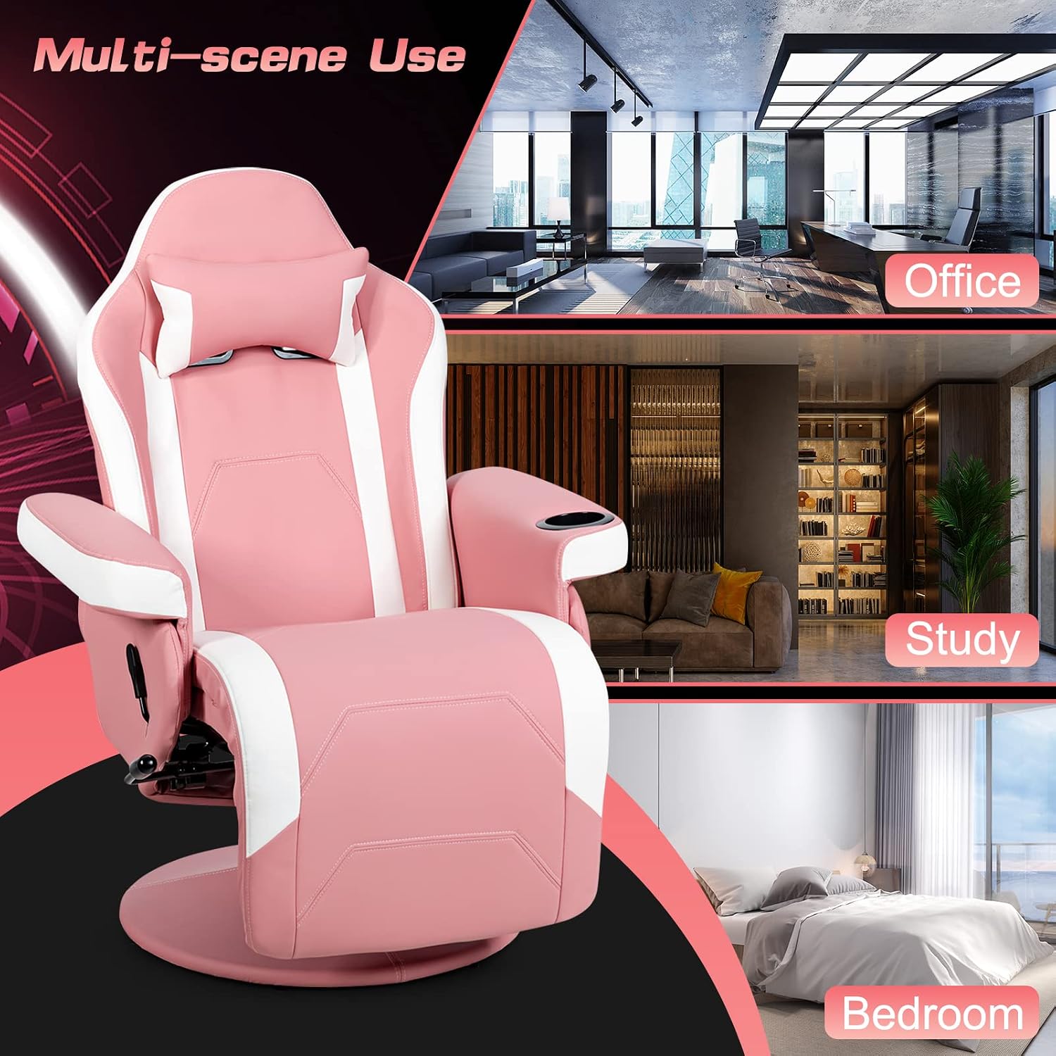 GYMAX Gaming Chair with Footrest, Massage Video Game Chairs for Adults with Remote, Adjustable Backrest, Headrest, Cup Holder & Side Pocket, Ergonomic High Back Office Computer Chair (Pink)