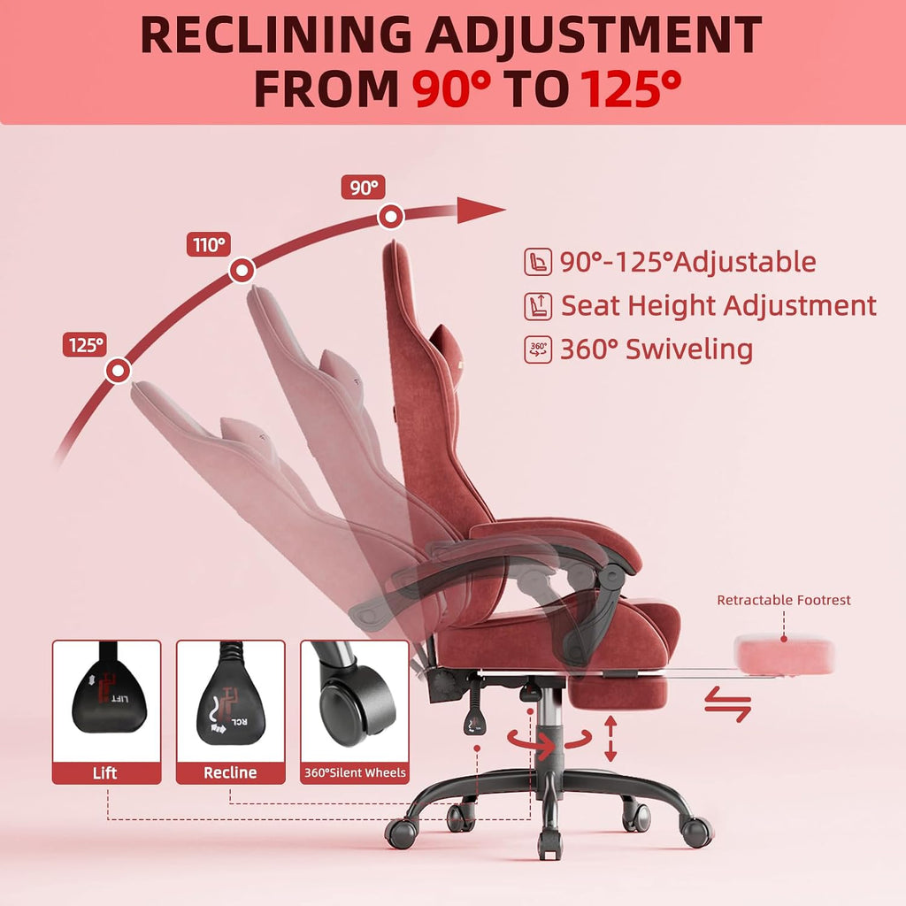 Huracan Velvet Fabric Gaming Chair with Footrest for Adults, Ergonomic Gaming Chairs with Massage Lumbar, Reclining Racing Computer Chair with Spring Cushion for Home Office Video Game, Red