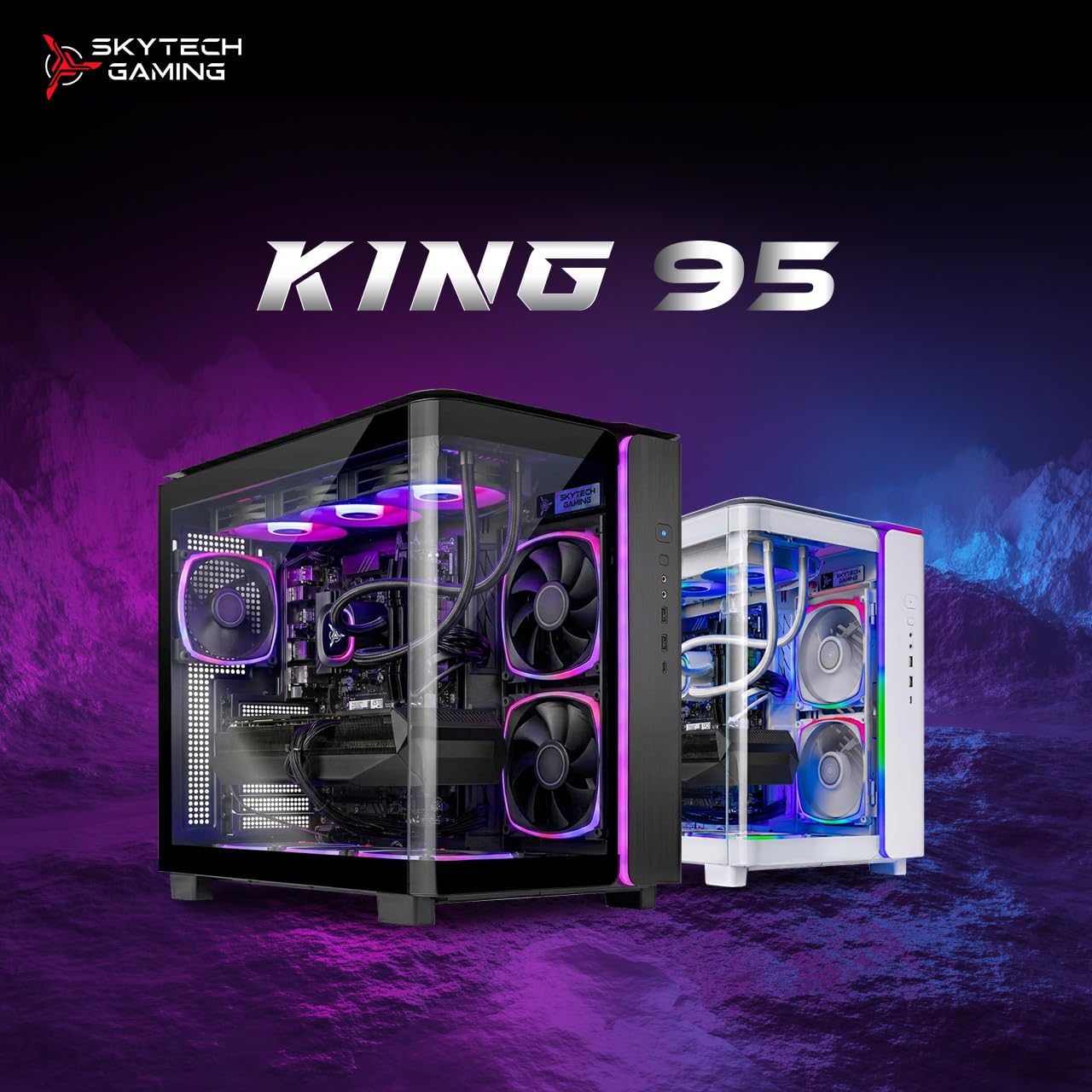 Skytech Gaming King 95 Gaming PC, AMD Ryzen 7 9800X3D 4.7GHz, NVIDIA RTX 5070 Ti 16GB VRAM, 1TB Gen4 NVMe SSD, 24GB DDR5 RAM 6000, 850W Gold ATX 3 PSU, 360 ARGB AIO, WI-FI 5, Windows 11, Desktop