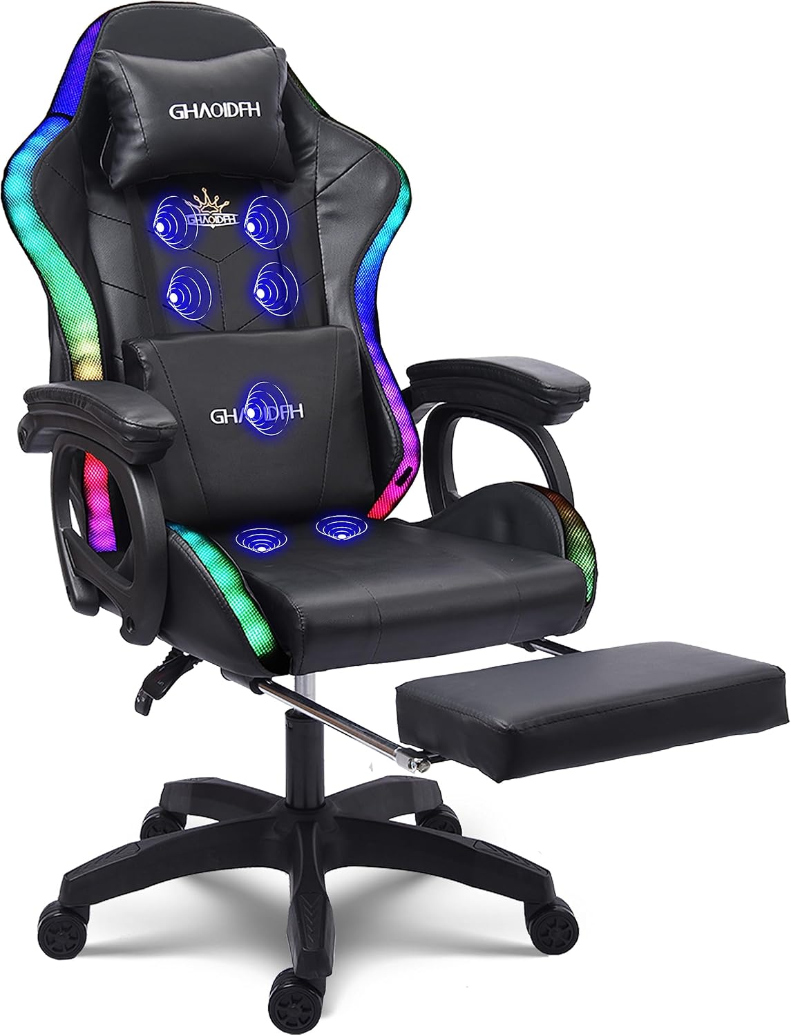 Video Gaming Chair with Speaker and RBG Light, Ergonomic Computer Chair with Massage Function, Comfortable Computer Recliner with Footrest and Lumbar Support,Gaming Chair for Adults Kids.,Bla