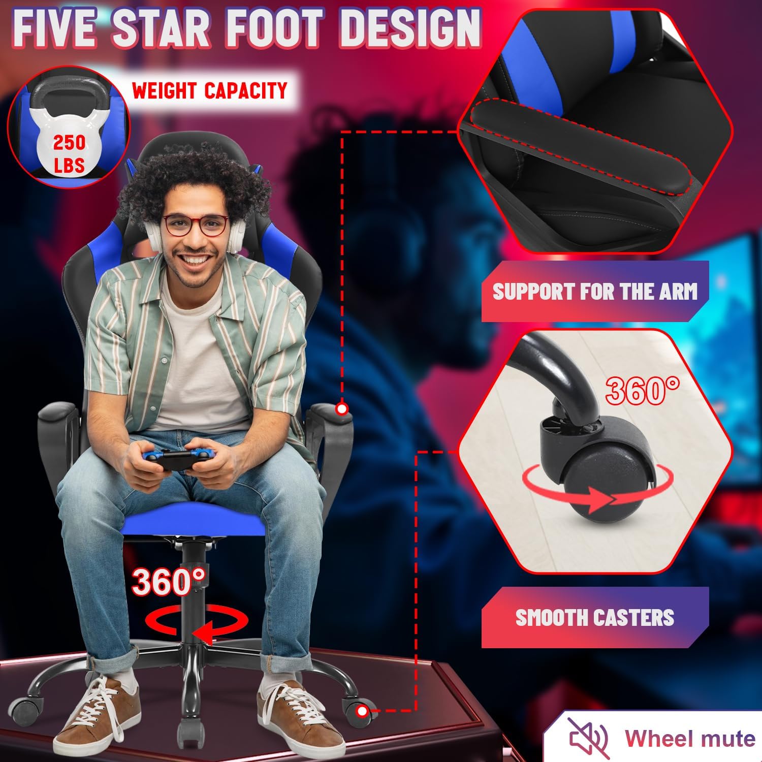 Dopinmin PU Leather Ergonomic Gaming Chair Esports Computer Chair Boss Chair with Lumbar Cushion and Retractable Footrest Video Game Chair for Streaming,Blue
