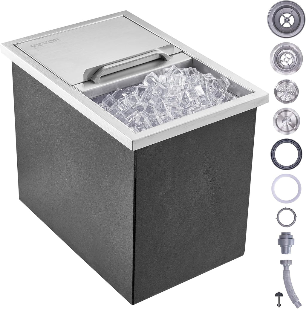 VEVOR Drop in Ice Chest, 18'L x 12'W x 14.5'H Stainless Steel Ice Cooler, Commercial Ice Bin with Sliding Cover, 40.9 qt Outdoor Kitchen Ice Bar, Drain-pipe and Drain Plug Included, for Cold Wine Beer