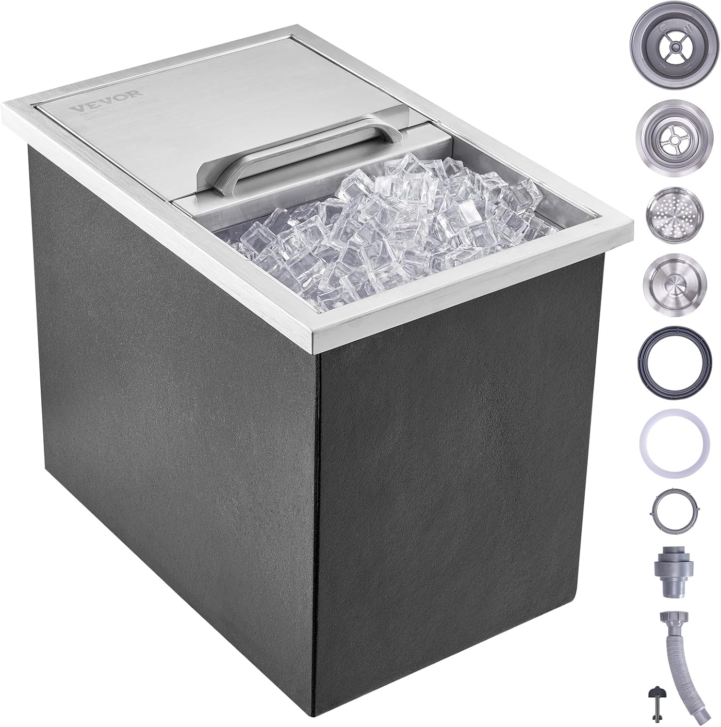 VEVOR Drop in Ice Chest, 18'L x 12'W x 14.5'H Stainless Steel Ice Cooler, Commercial Ice Bin with Sliding Cover, 40.9 qt Outdoor Kitchen Ice Bar, Drain-pipe and Drain Plug Included, for Cold Wine Beer