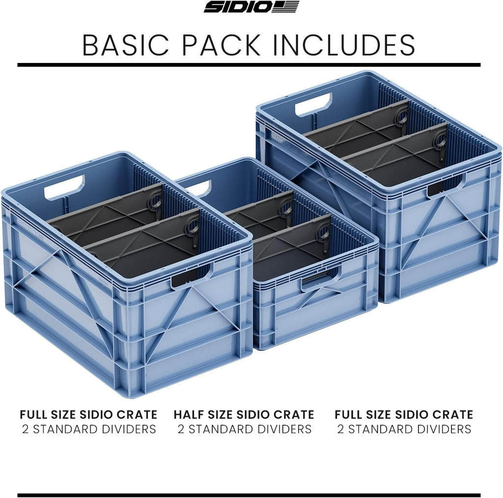 SIDIO Crate Basic Pack - 2 Full-Size & 1 Half-Size Heavy Duty Stackable Storage Bins, Totes, Containers with Dividers - Durable Plastic Organizer for Home, Office, Garage, and Outdoor Use, Aircraft