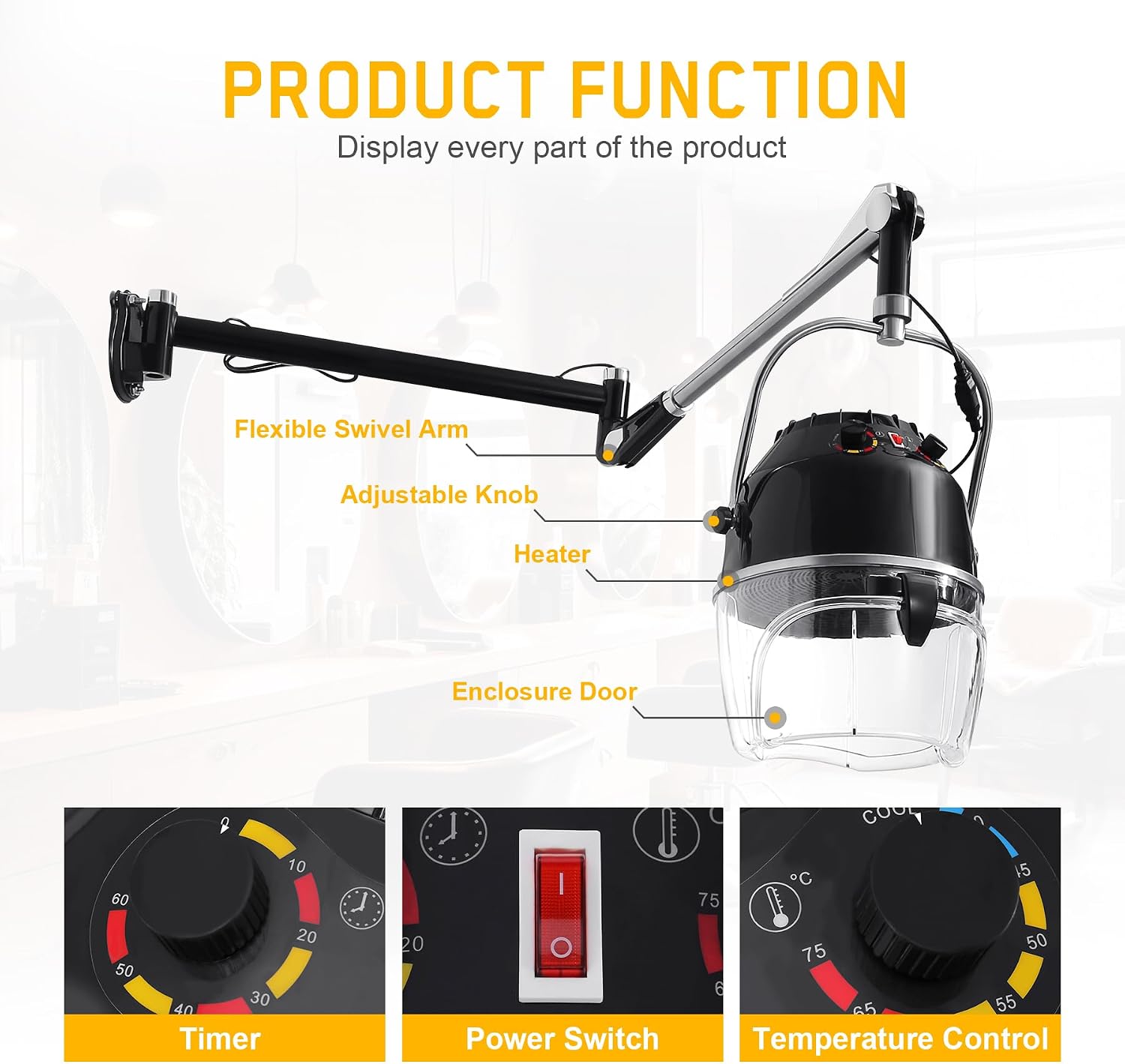 Wall Mounted Hair Dryer with Swivel Arm, Multifunctional Hair Processor Machine for Hair Care, Hair Dyeing, Oil Baking, Cold perm Heating, Drying and Styling