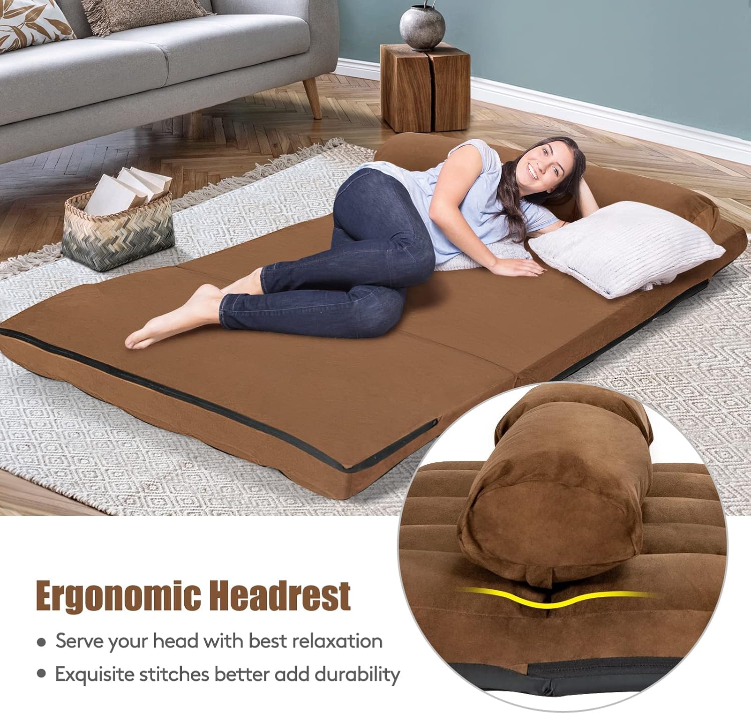 DORTALA Foldable Floor Sofa, 6-Position Adjustable Lounge Couch with 2 Pillows & Suede Cloth Cover, Modern Lounge Mattress Video Gaming Lazy Couch, Suede Floor Seating Sofa, 71' x 44.5', Beige