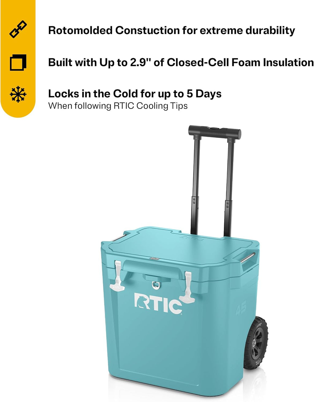 RTIC 45 QT Wheeled Ultra-Tough Cooler Hard Insulated Portable Ice Chest Box for Beach, Drink, Beverage, Camping, Picnic, Fishing, Boat, Barbecue, Rotomolded Construction