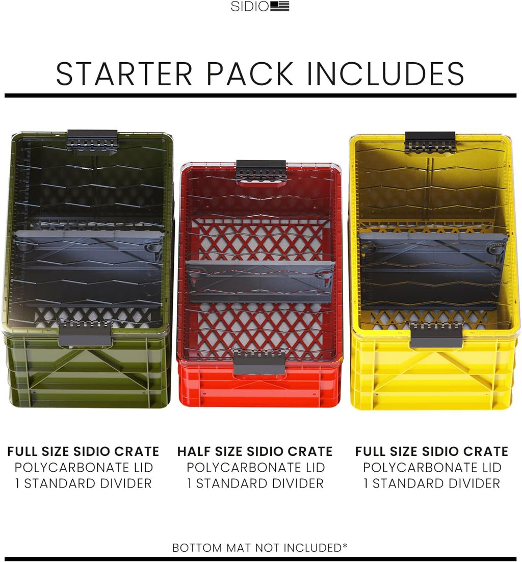 SIDIO CRATE Starter Pack - Two Full Size and One Half Size SidioCrate, Stackable Outdoor Organizer Storage Bins with Clear Lid and Dividers - UTILITY Variety Pack