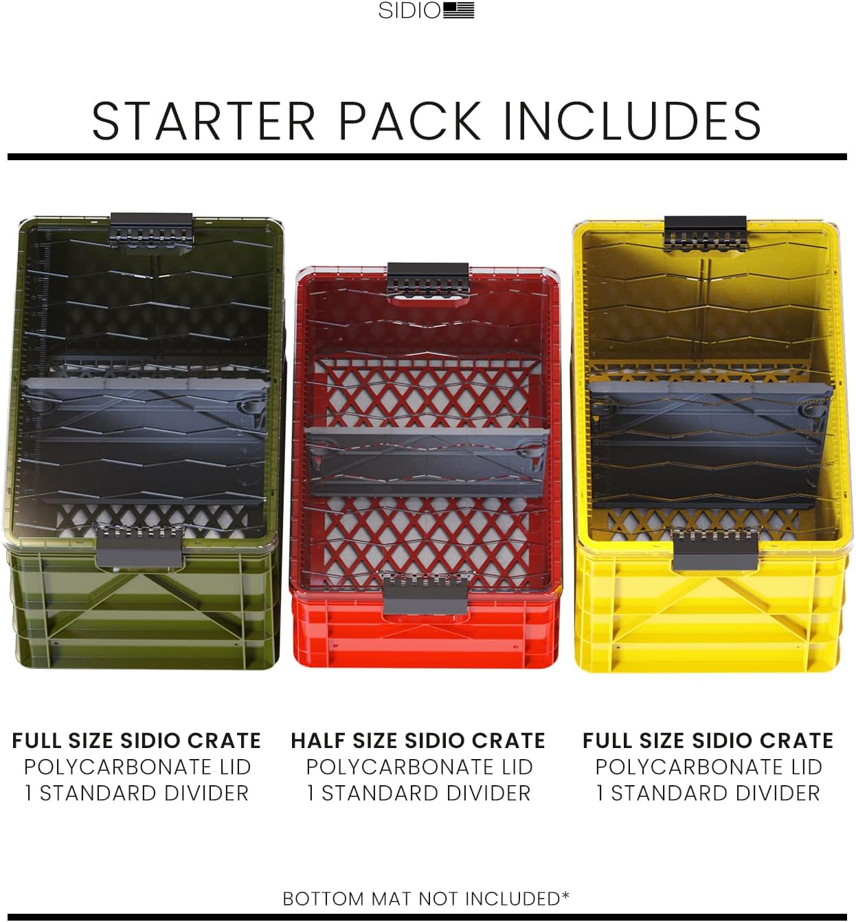 SIDIO CRATE Starter Pack - Two Full Size and One Half Size SidioCrate, Stackable Outdoor Organizer Storage Bins with Clear Lid and Dividers - UTILITY Variety Pack